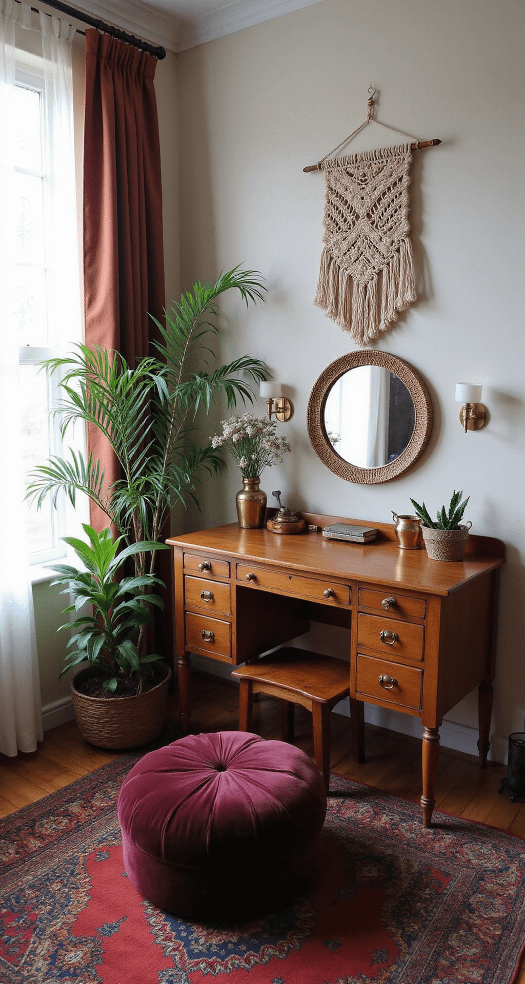 Bohemian bedroom alcove featuring a vintage wooden desk as a vanity with a circular rattan mirror, adorned with macramé wall hanging, trailing plants, and brass accessories. A rich burgundy velvet Moroccan pouf sits on layered jewel-toned vintage rugs, illuminated by morning light filtering through gauzy curtains, creating a warm and eclectic atmosphere.