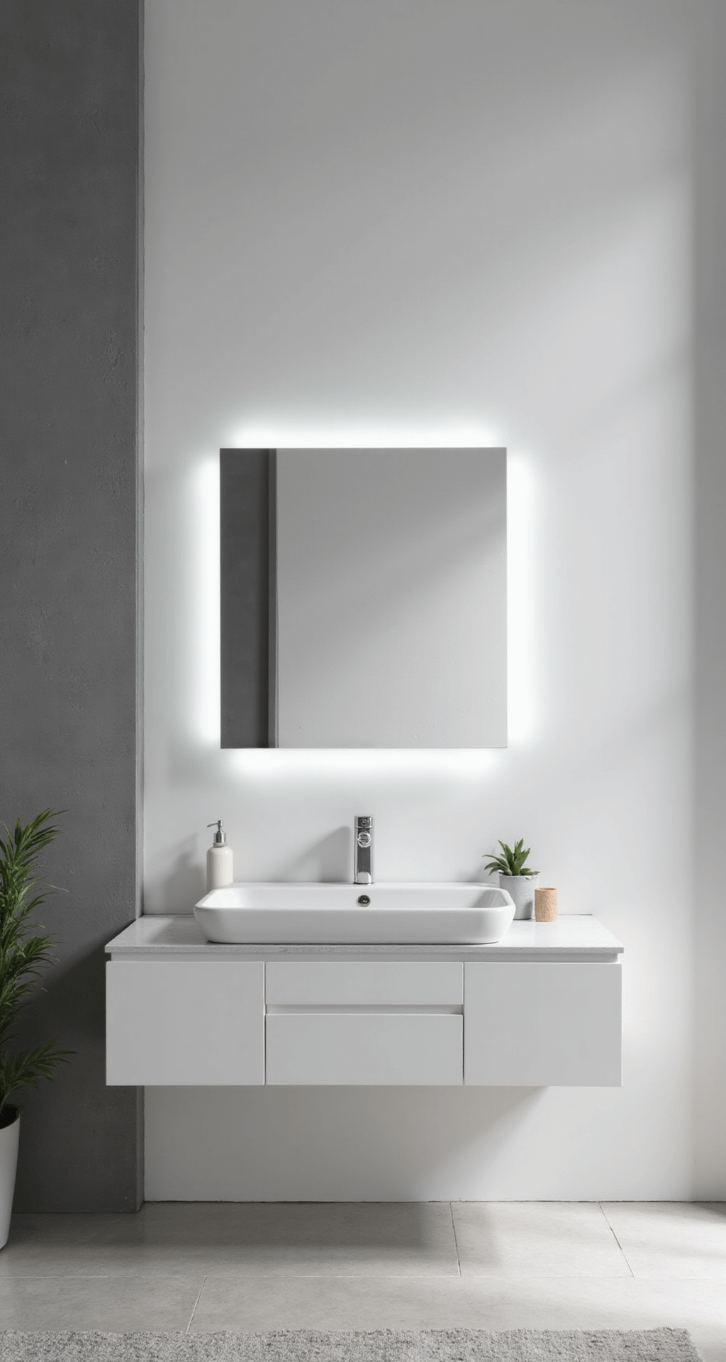 Modern minimalist floating vanity in an 8x10ft urban bedroom featuring a wall-mounted white lacquer shelf with hidden LED lighting, a frameless rectangle mirror with touch-sensitive controls, and a ghost chair. The monochromatic white and grey color scheme is accented by a single green succulent, with cool LED lighting enhancing the contemporary atmosphere and emphasizing negative space.