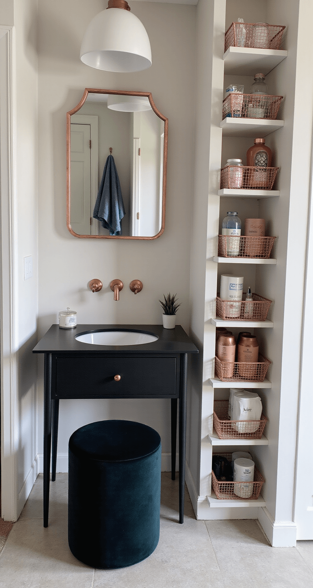 A space-saving corner vanity in a 9x11ft bedroom features a geometric wall-mounted folding design in matte black, complemented by a rose gold mirror with integrated storage. A velvet ottoman is neatly tucked under the vanity, while organized vertical storage solutions in copper wire baskets enhance functionality. The shot, taken from the corner, showcases the practical yet luxe atmosphere, illuminated by soft box lighting that minimizes harsh shadows.