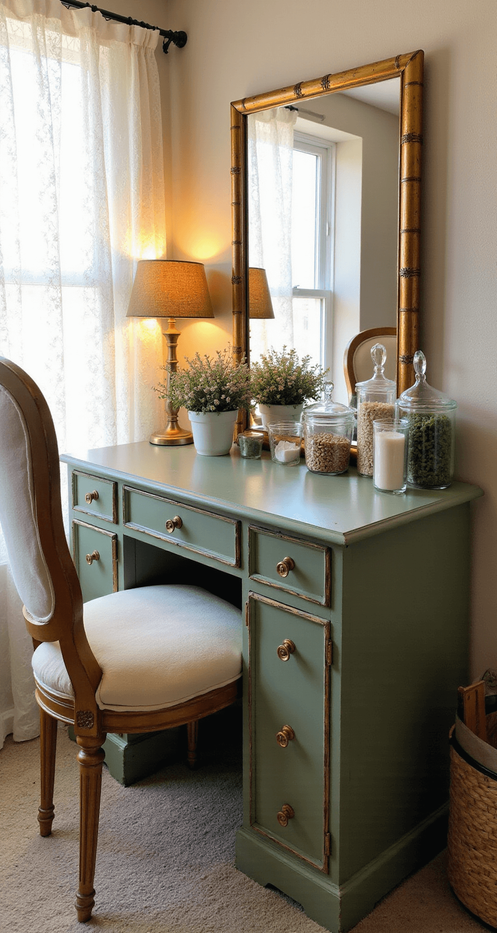 A cozy 11x13ft bedroom featuring a DIY vintage vanity with a sage green chalk-painted desk and original brass hardware, complemented by a restored gold bamboo mirror. The scene is adorned with mixed vintage glass containers and modern acrylic organizers, alongside a reupholstered cream linen French chair. Late afternoon golden light filters through lace curtains, and the composition captures a collected and curated aesthetic with personal touches.