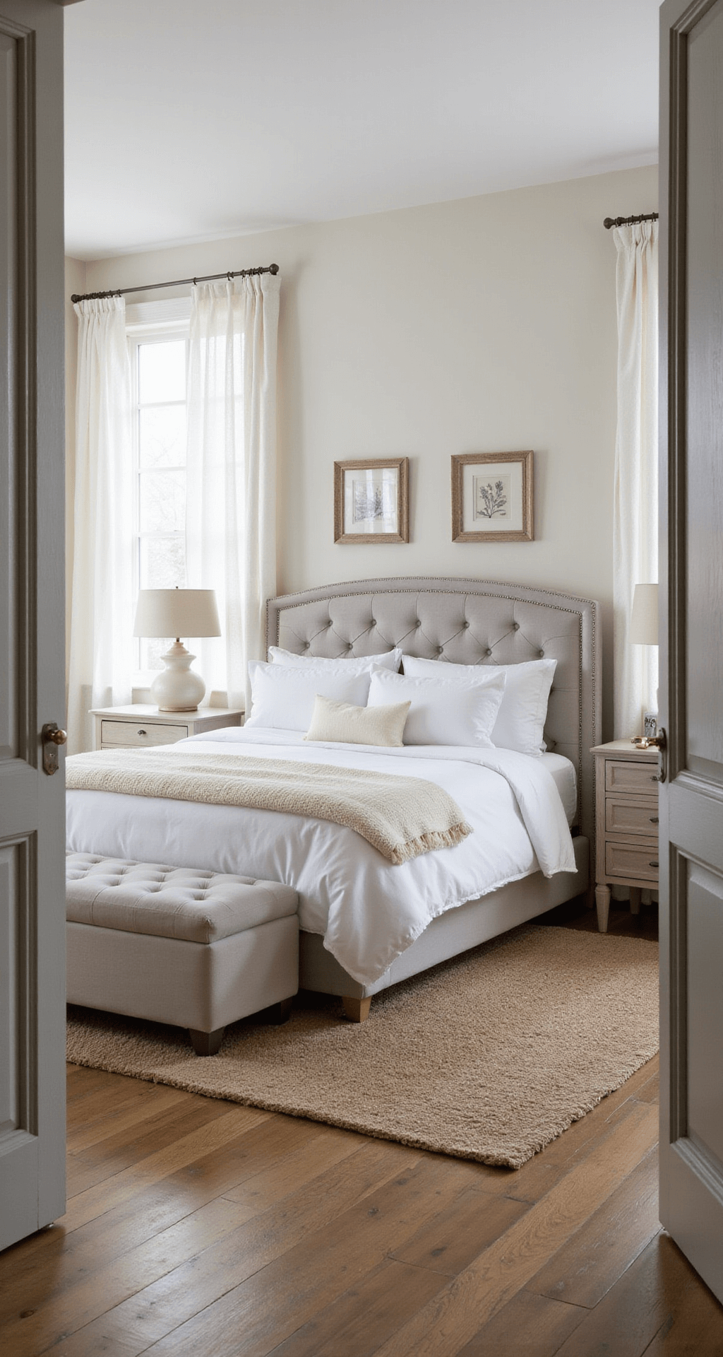 A serene master bedroom featuring a king-sized bed with white Egyptian cotton bedding, dove grey quilted headboard, and pale greige walls, illuminated by morning light through floor-to-ceiling windows; includes a plush cream wool rug, bleached oak nightstands with ceramic lamps, and a light grey velvet tufted bench.