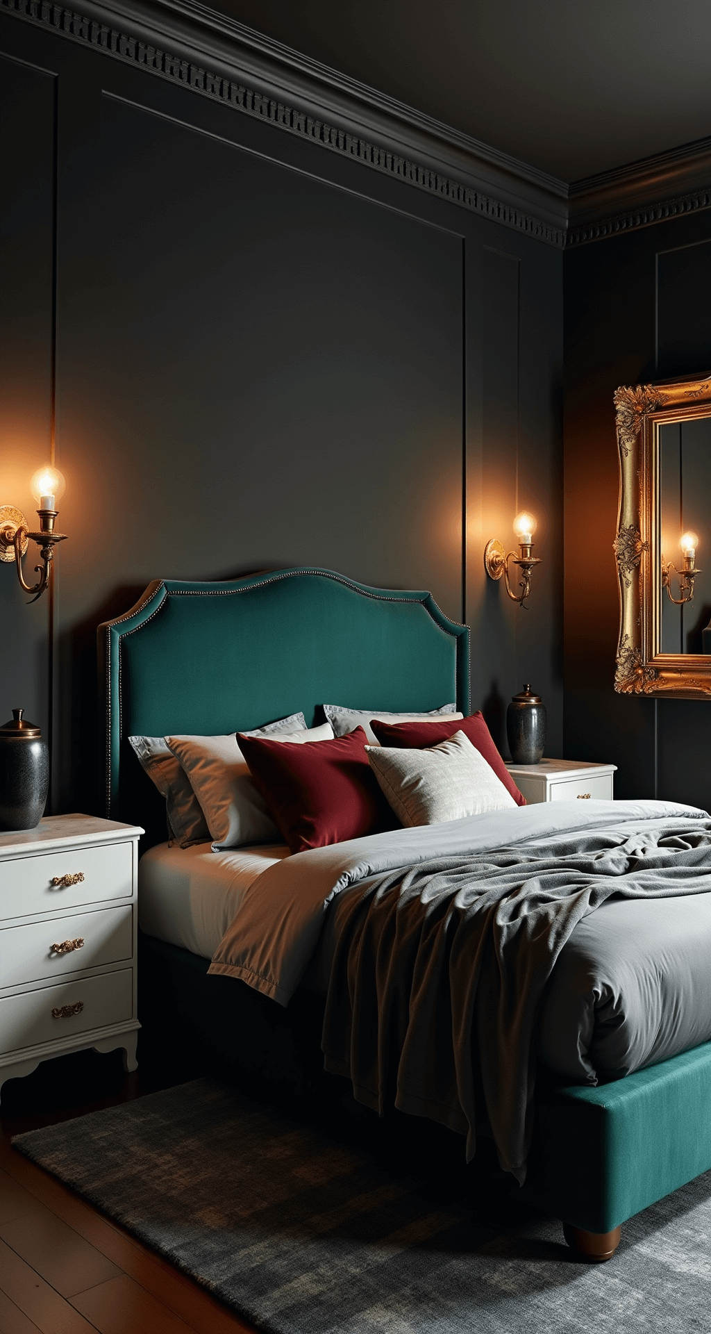 A moody romantic bedroom with deep navy walls, an emerald velvet bed frame, antique brass sconces, and white marble nightstands, featuring black ceramic lamps. The room is accented with a charcoal rug, silk bedding, jewel-toned pillows, and a gilded mirror reflecting warm light, captured during golden hour.