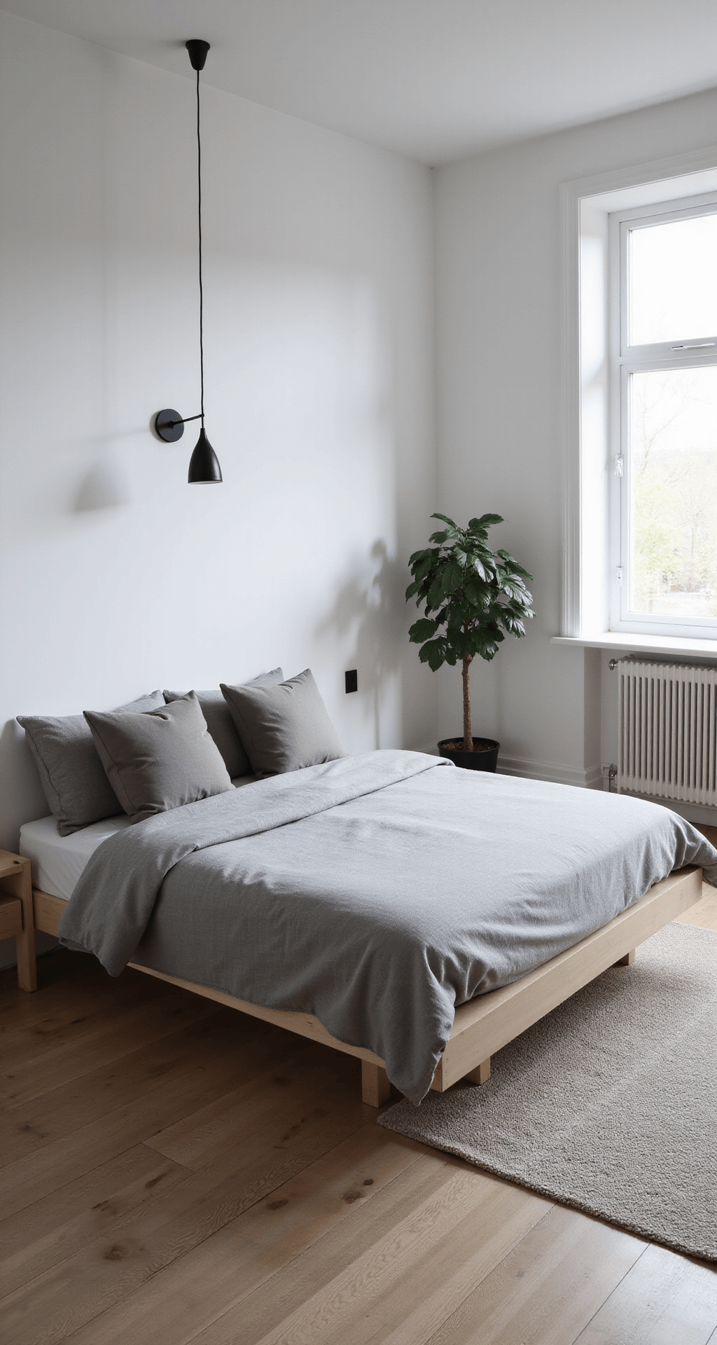 High-angle view of a minimalist Scandinavian bedroom featuring light oak flooring, a birch wood platform bed with grey linen bedding and muted geometric throw pillows, pure white walls adorned with black and white photography, an asymmetrical matte black pendant light, a pale grey natural fiber rug, and a single potted fiddle leaf fig, all bathed in soft afternoon light.