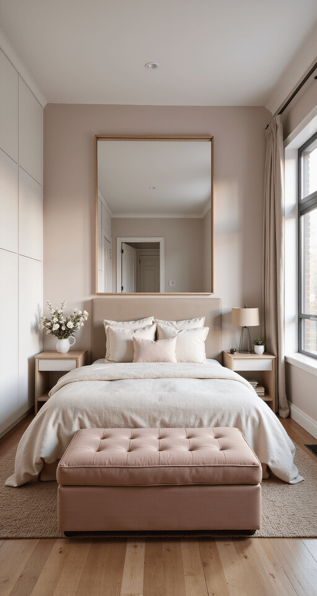 A cozy small bedroom featuring floor-to-ceiling built-in storage, a full-sized bed with an oversized mirror above the headboard, a multi-functional ottoman, a blush pink accent wall, and floating nightstands, all emphasizing clever space utilization in a warm and inviting atmosphere.