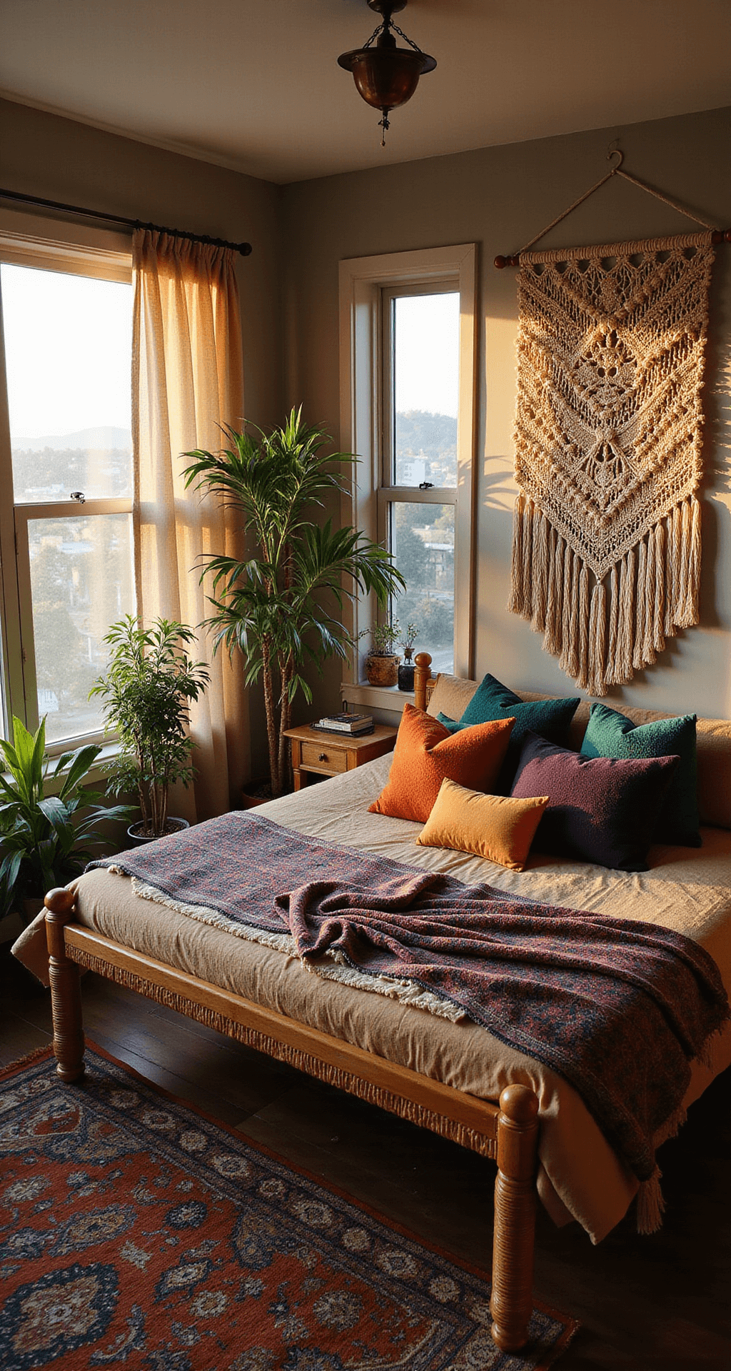 Wide-angle view of a cozy corner bedroom during golden hour, featuring a rattan bed with macramé wall hanging, layered vintage Persian rugs, abundant plants by the windows, and copper and brass accents. Textured pillows in burnt orange, deep purple, and emerald green add eclectic charm.