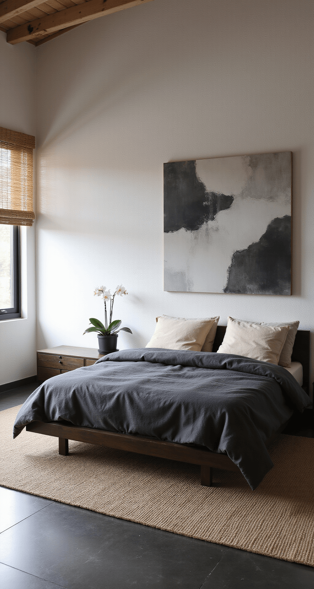 Low-angle view of a serene 13x15ft bedroom at dawn, featuring a black-stained oak platform bed against a white textured wall, bamboo roman shades, large-scale grey and white abstract art, charcoal linen bedding with cream accents, a single orchid on a floating shelf, and a tatami-style mat beside the bed, all bathed in soft natural light.