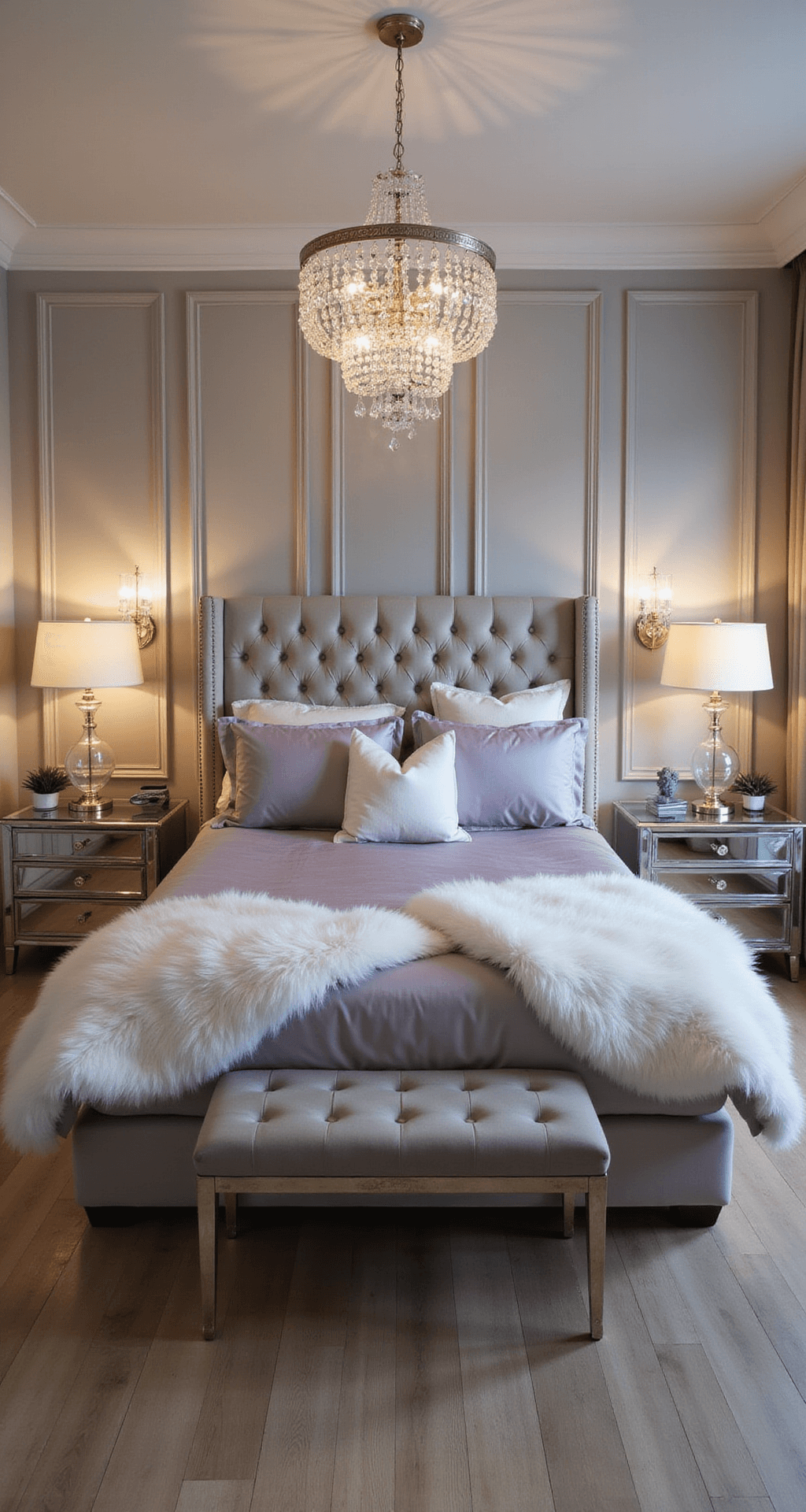 An elegantly designed master suite featuring a tufted king bed in pearl grey velvet, flanked by crystal sconces and mirrored nightstands with lucite lamps. Champagne silk drapery cascades onto light oak floors, complemented by white faux fur throws and lavender silk bedding. A crystal chandelier casts dramatic shadows, enhancing the luxe ambiance at twilight.