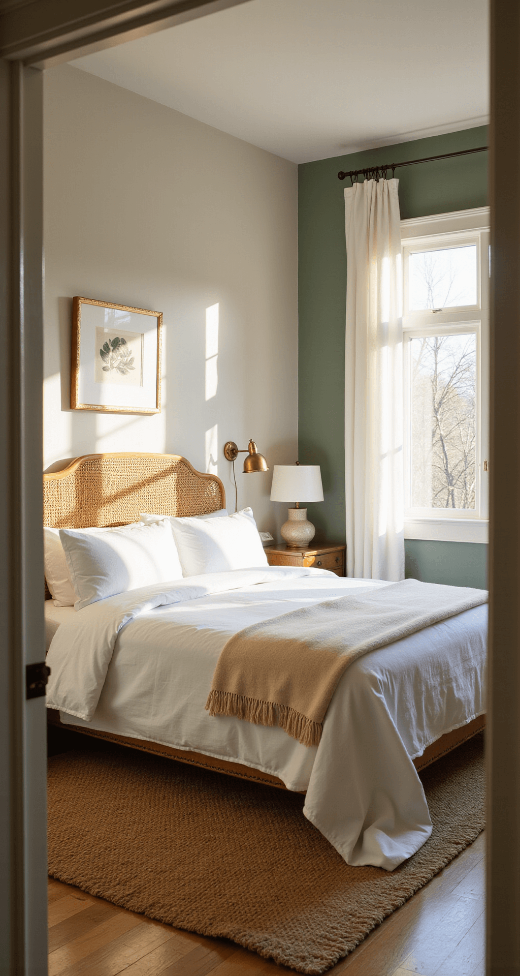 A sunlit guest bedroom featuring a queen bed with white linen and cream cashmere throws, flanked by brass sconces and a woven rattan headboard, captured from the doorway during golden hour. The room has a natural jute rug, vintage side tables with ceramic lamps, and a bay window with sheer curtains, complemented by a muted sage green accent wall adorned with botanical prints.