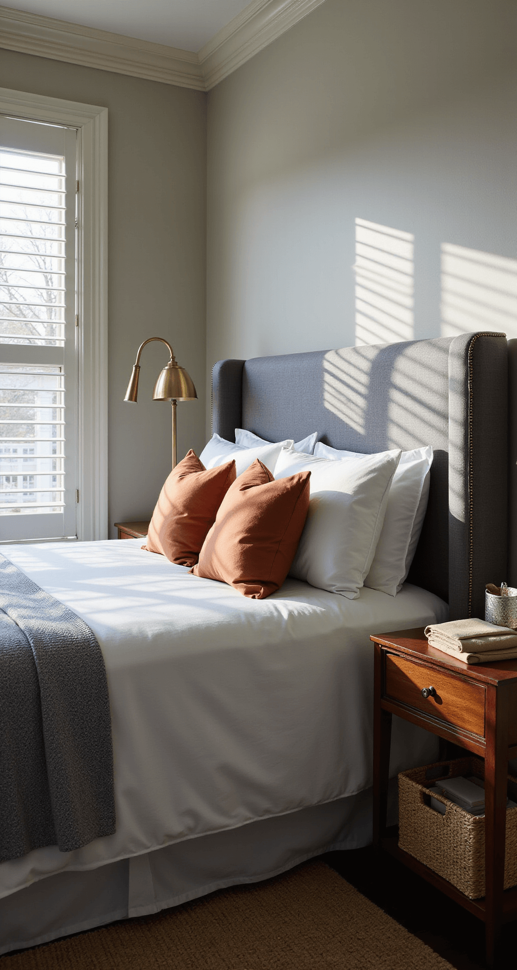 Intimate dawn view of a guest room showcasing a plush grey headboard, crisp white bedding with chambray duvet and terracotta pillows, antique brass floor lamp, contemporary walnut nightstand, and woven seagrass basket. A writing desk with a carved wooden chair sits beneath the window, with morning light casting dramatic shadows through plantation shutters.