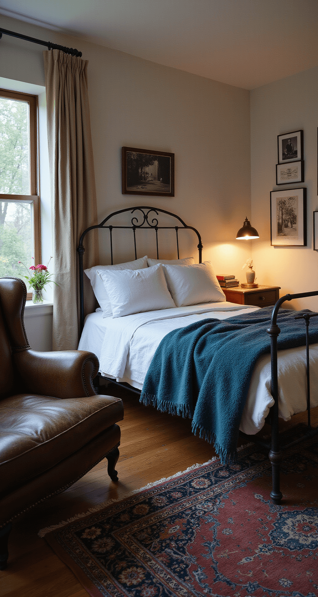 Cozy guest room featuring a vintage iron bed with white linens, a leather armchair in a reading nook, a gallery wall of black and white photography, and a colorful Persian rug, all illuminated by soft natural and warm artificial light during blue hour.
