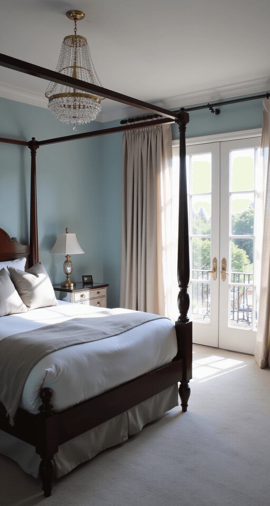 Luxurious guest bedroom featuring a dark mahogany four-poster bed with white linens and pearl grey silk pillows, illuminated by morning light. A crystal chandelier casts shadows on pale blue walls, while French doors lead to a Juliet balcony adorned with flowing curtains. Mirrored nightstands enhance the glamour of the space, all captured from a corner angle with a soft focus.