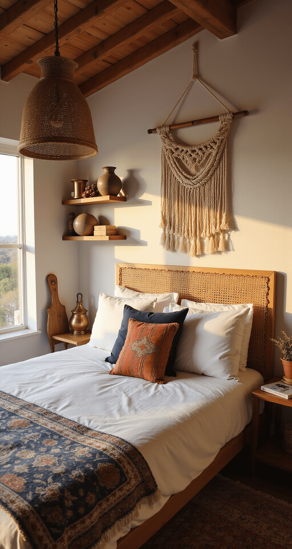 A cozy Bohemian guest retreat featuring a low platform bed dressed in white linens and layered vintage Moroccan textiles in terra cotta and indigo. A macramé wall hanging is displayed above a rattan headboard, while a hanging pendant light with a perforated brass shade casts intricate shadows. Floating shelves adorned with global artifacts add a storytelling element to the space, all captured during the soft glow of sunset golden hour.