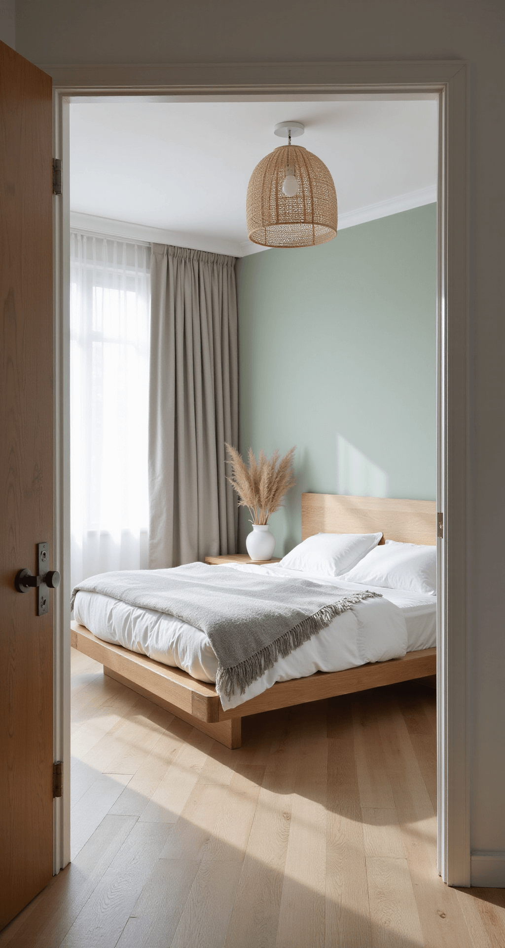 A Nordic minimalist bedroom featuring light oak flooring, a platform bed with white linens, a pale sage green accent wall, and a natural rattan pendant light, all illuminated by morning light filtering through sheer white curtains.