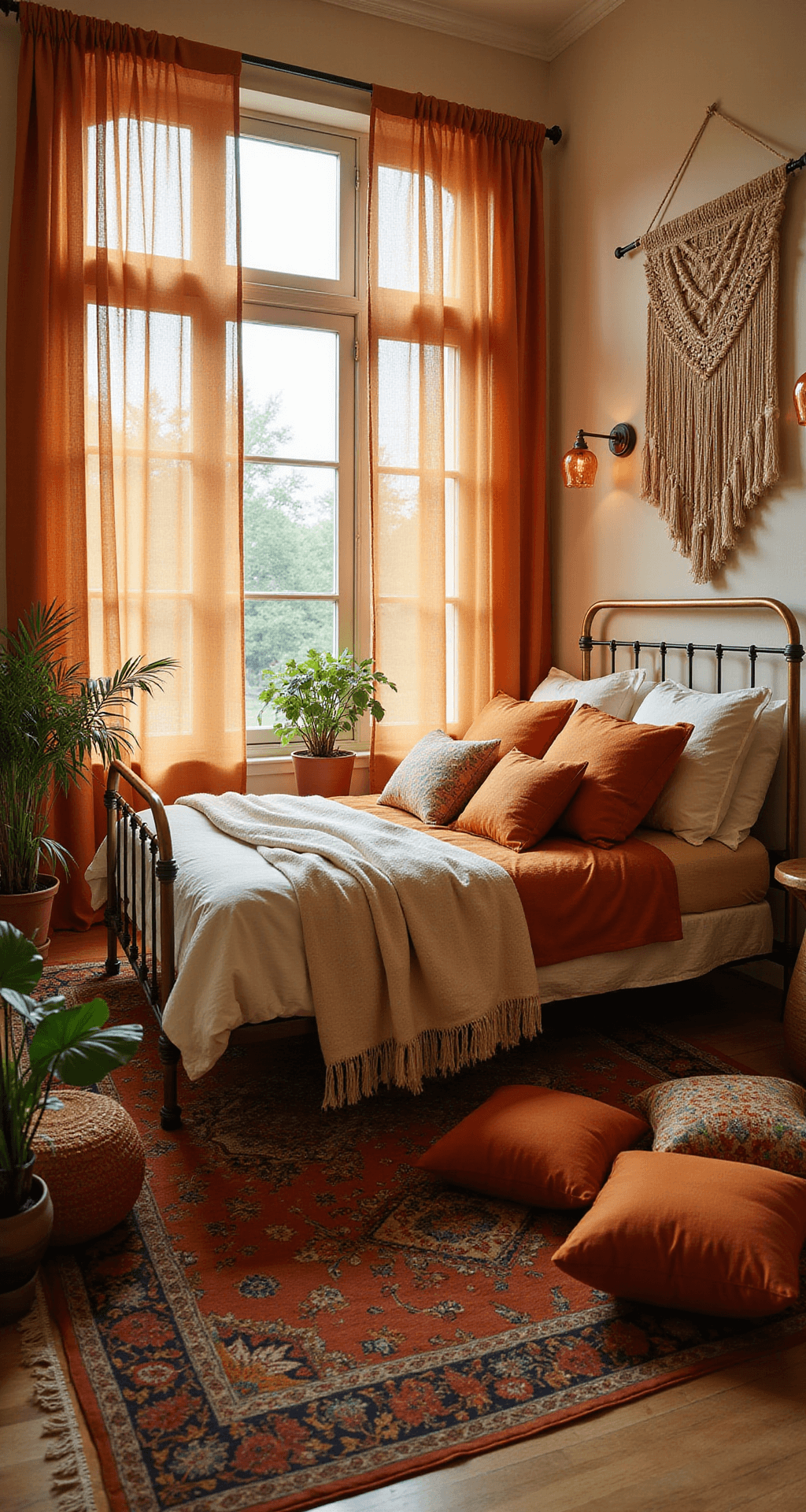 Intimate bohemian bedroom with a brass-framed bed, layered linens, macramé wall hanging, and amber glass sconces, featuring a rust-colored Persian rug, jewel-toned cushions, and trailing plants, all bathed in warm golden hour light.