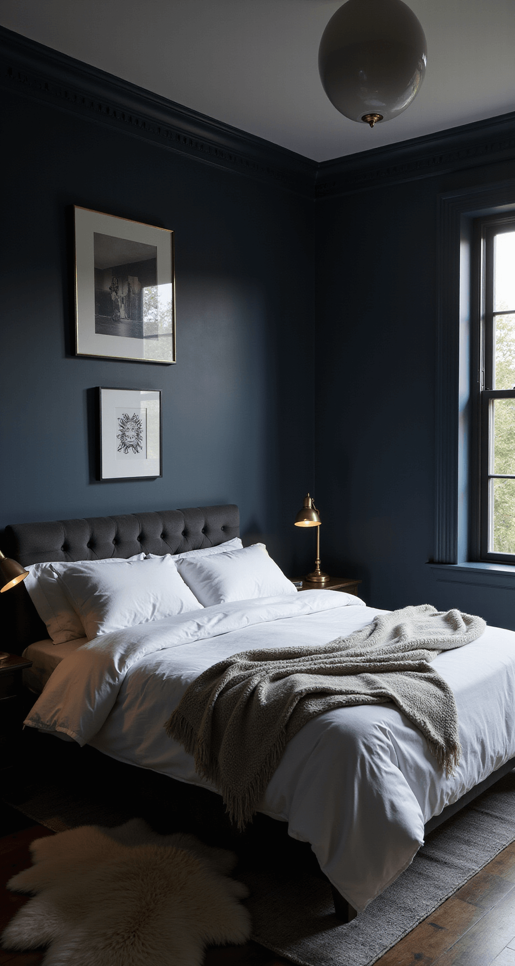 Moody bedroom at dusk with deep navy walls, a king bed featuring a charcoal velvet headboard, cloud-like white bedding, and antiqued brass reading lamps, accentuated by dramatic shadows and warm LED strip lighting.