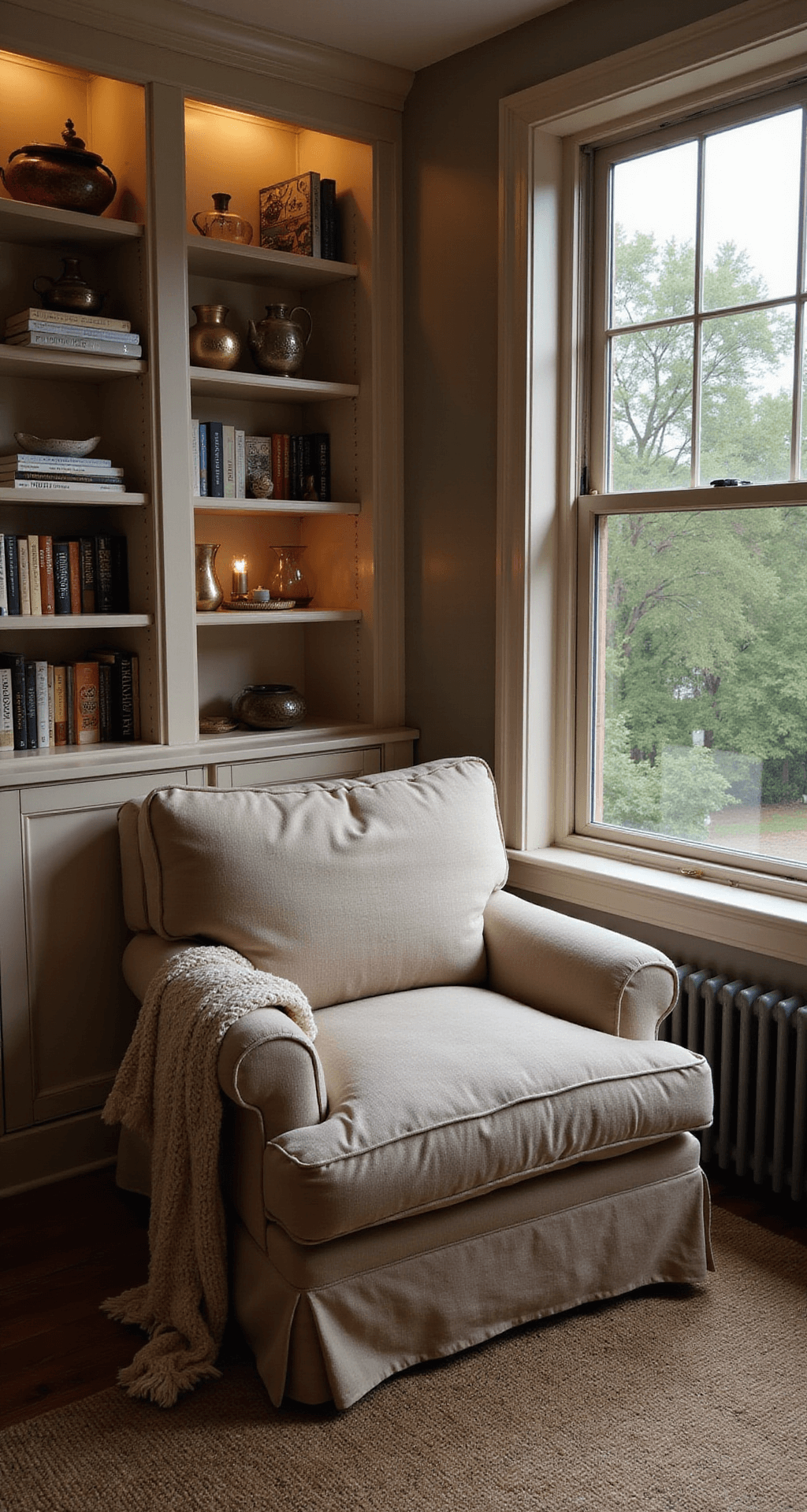 Cozy reading nook corner featuring an oversized oatmeal linen armchair by a bay window, accompanied by a chunky knit throw, warm LED-lit built-in bookshelf with vintage brass decor, and layered rugs, all set in twilight lighting.