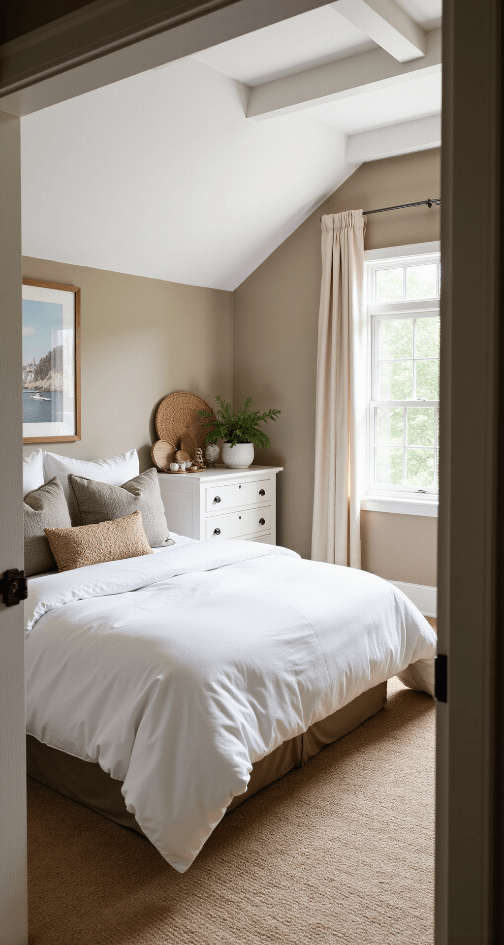 A serene retreat featuring warm greige walls and a vaulted ceiling with exposed white beams. The room includes a California king bed dressed in a cloud-white duvet and textured natural linen pillows. A seagrass basket and a white oak dresser with a ceramic collection are visible. The image is a wide-angle shot from the doorway, highlighting the natural light and texture variations.