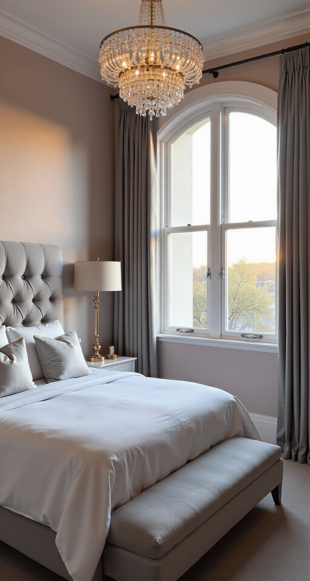 Luxurious bedroom with blush pink walls and dove gray velvet drapes, featuring a tufted gray velvet bed adorned with white bedding and silver accent pillows, illuminated by a crystal chandelier and brass table lamps at sunset.
