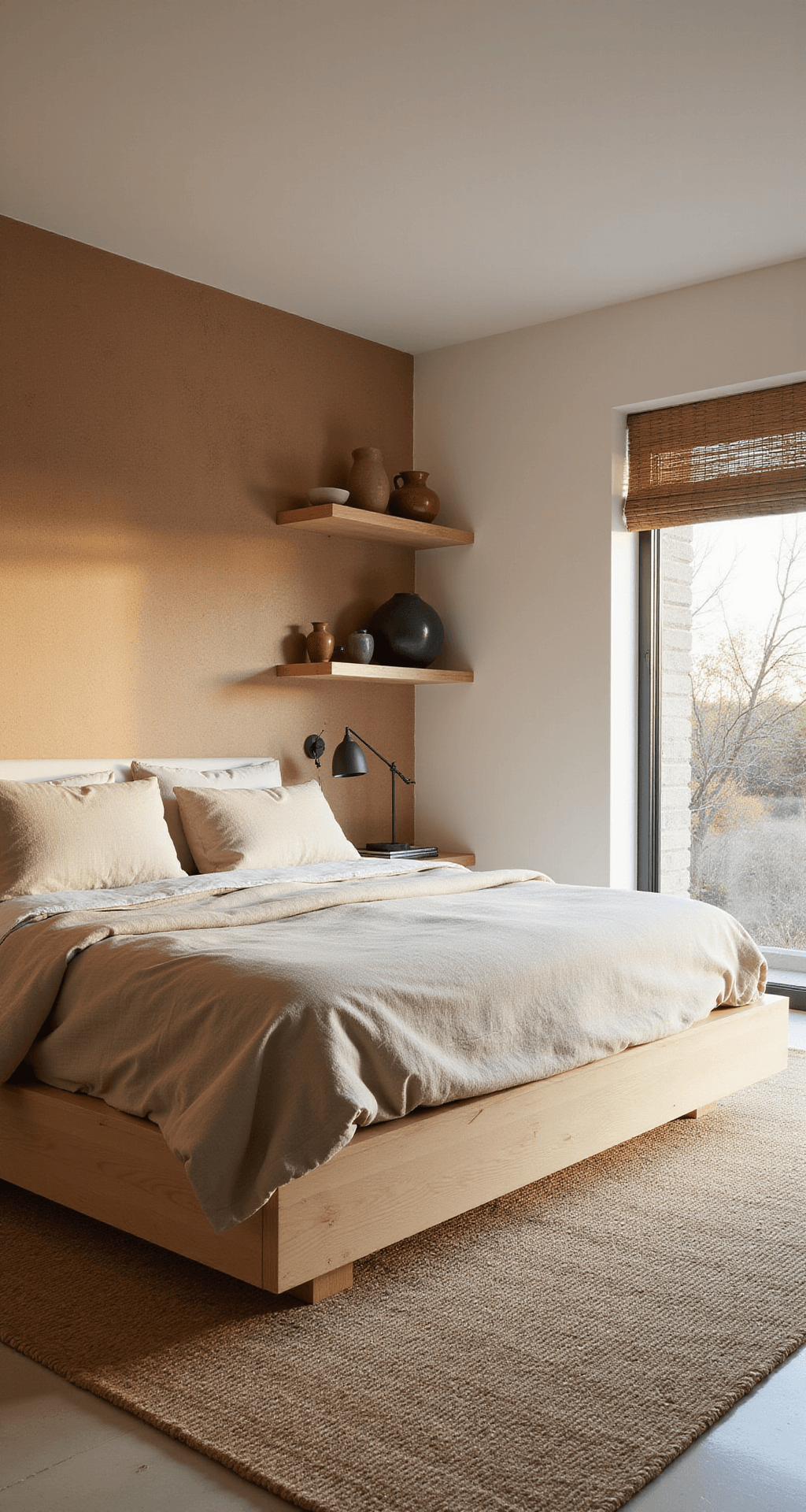 A serene organic modern bedroom featuring warm white walls, an accent wall with natural clay plaster, a bleached oak platform bed adorned with sand and stone organic cotton bedding, and a handwoven wool rug. Pottery is displayed on floating shelves, and bamboo roman shades gently filter the dawn light, capturing the essence of natural materials and horizontal lines.