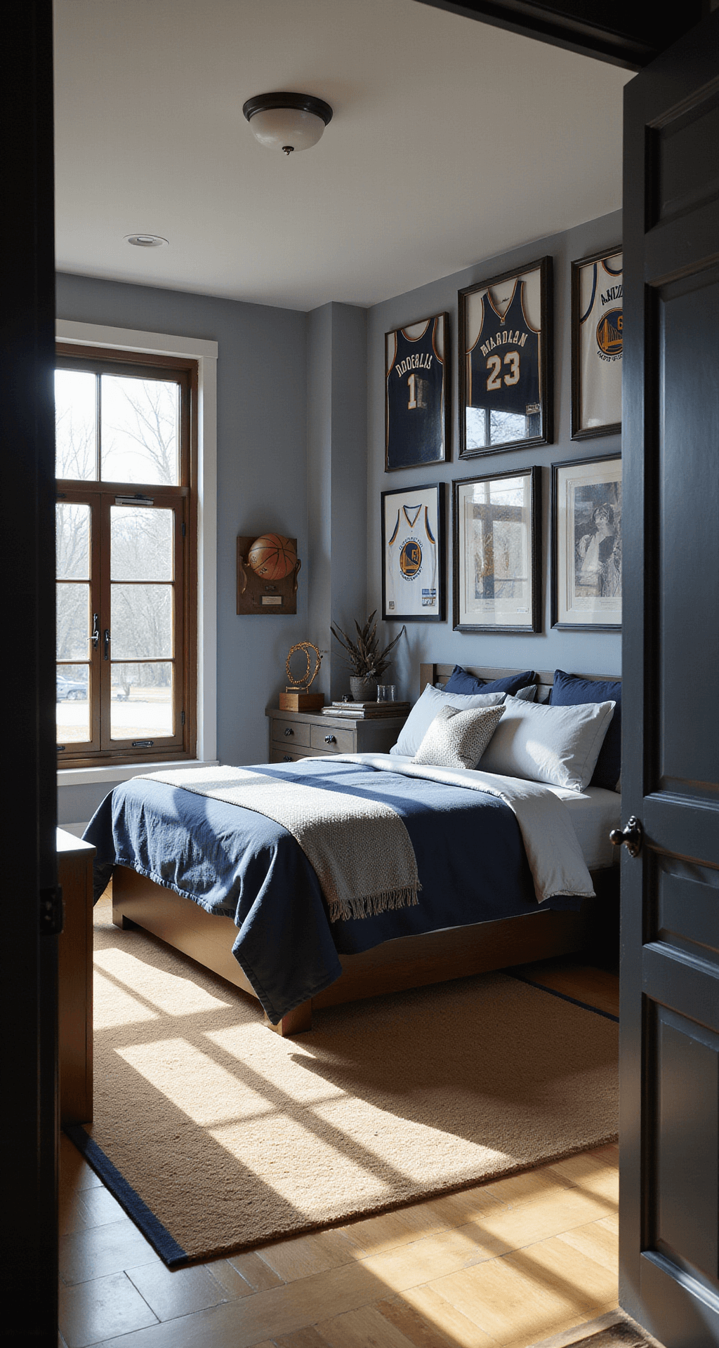 Spacious sports-themed bedroom with morning sunlight streaming through large windows, featuring a twin platform bed, championship memorabilia wall, custom basketball court rug, and vintage sports equipment as wall art.