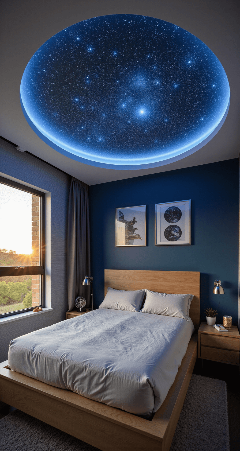 Modern space explorer bedroom featuring a floating astronaut-pod bed under a glowing LED constellation ceiling, with metallic silver wallpaper, a deep blue accent wall showcasing NASA prints, and a brushed aluminum rocket ship desk, captured during golden hour from a low angle.