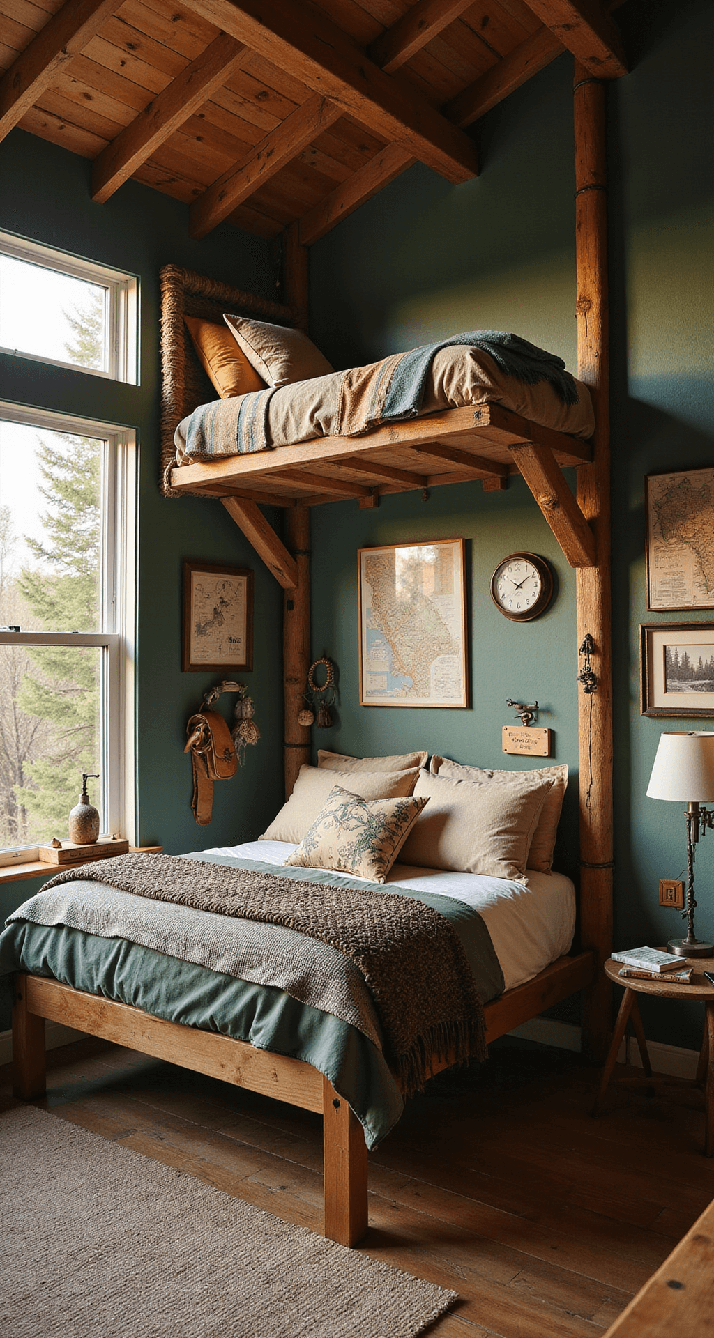 Rustic adventure-themed bedroom featuring a custom treehouse-style loft bed under an exposed wooden beam ceiling, with forest green walls, camp blankets, vintage exploration gear and maps, and woven rope elements, all bathed in warm afternoon light.