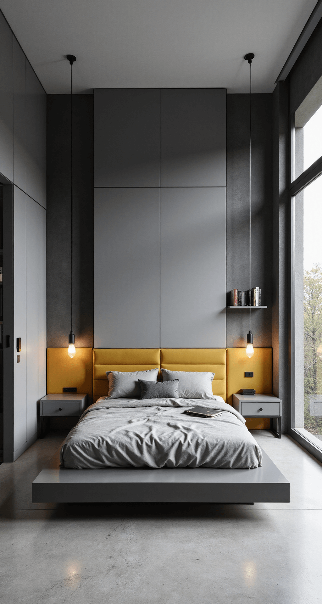 A contemporary minimalist teen bedroom featuring a monochromatic gray scheme with pops of mustard yellow, including a platform bed, floating nightstands, geometric wall panels, and an industrial-style desk area, all depicted in a cool, sophisticated atmosphere filled with diffused daylight.
