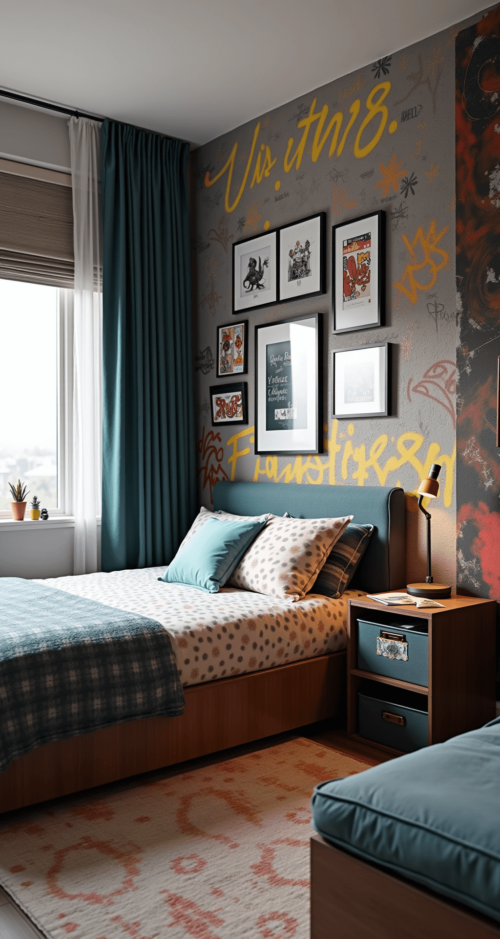 A stylish 10x12ft tween bedroom featuring a modern daybed, a gallery wall of artwork and achievements, a custom graffiti feature wall, an ergonomic gaming and study zone, and integrated smart storage solutions, captured at a 45-degree angle in mid-morning light.