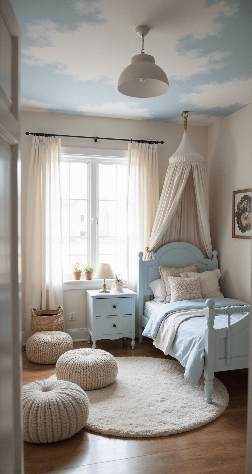 A cozy toddler bedroom featuring soft morning light, round-edged powder blue and cream furniture, a whimsical canopy bed under a cloud-painted ceiling, and a plush rug with knit poufs. Designed with safety in mind, the room includes hidden storage, creating a dreamy and nurturing atmosphere viewed from a child's eye level.