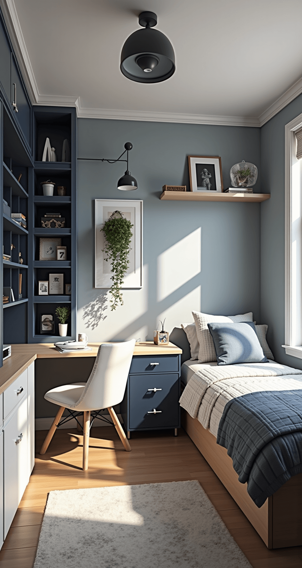 A bright, dynamic tween-to-teen bedroom featuring convertible furniture in navy and white, a modular study area, and display shelving, all bathed in afternoon sunlight. The space showcases hidden tech integration and charging stations, captured from an elevated angle with a 24mm lens at f/3.5, emphasizing its versatile and growth-minded atmosphere.