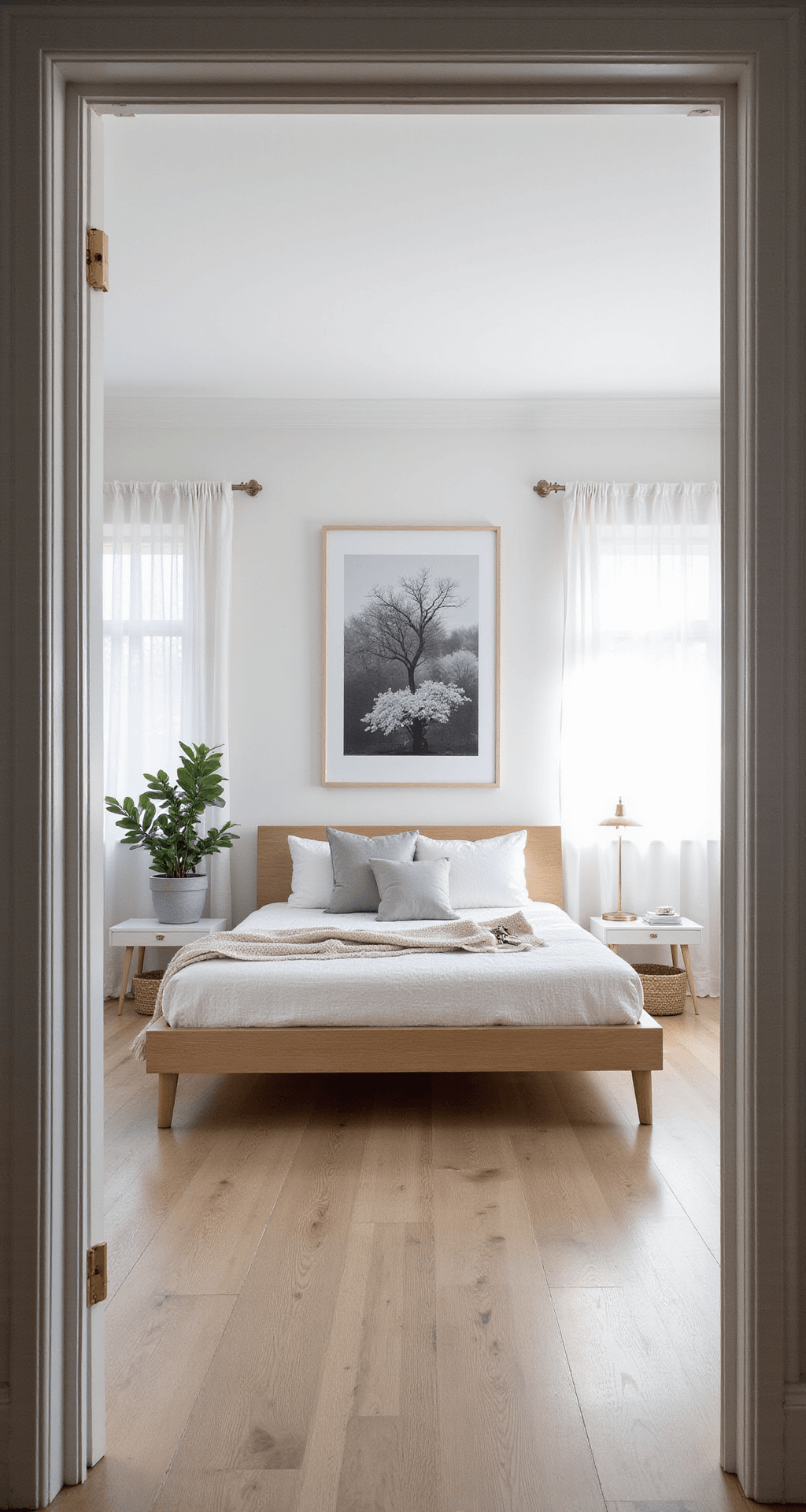 A wide-angle shot of a Scandinavian bedroom featuring light oak platform bed with crisp white linens, pale gray throw pillows, and minimalist nightstands with brass lamps, illuminated by early morning light through sheer white curtains. The pale blonde wood flooring, white walls, and a large black and white nature print above the bed enhance the serene atmosphere, complemented by natural textures like a woven basket, wool throw, and potted fiddle leaf fig.
