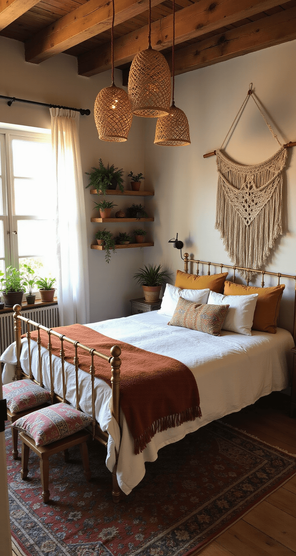 A boho chic bedroom with a vintage brass bed layered in white, terra cotta, and mustard textiles, featuring a macramé wall hanging above the headboard, clustered rattan pendant lights, trailing plants on floating shelves, a Moroccan rug in muted jewel tones, and Turkish pillows, all bathed in warm golden hour light and sun flare through gauzy curtains.