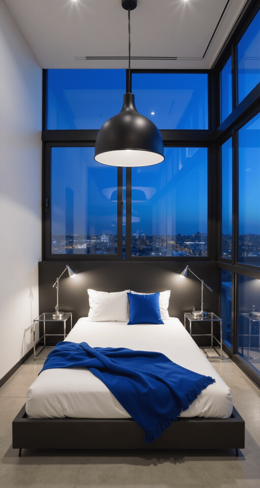 Modern minimalist primary bedroom featuring a low-profile charcoal platform bed with crisp white bedding and a cobalt blue throw. The room boasts floor-to-ceiling windows that showcase city lights as a bokeh effect against the twilight blue hour sky. Matte black pendant lights hang asymmetrically above chrome and glass nightstands with architectural task lamps, all set on polished concrete floors and white walls, highlighted by a black accent wall behind the bed.