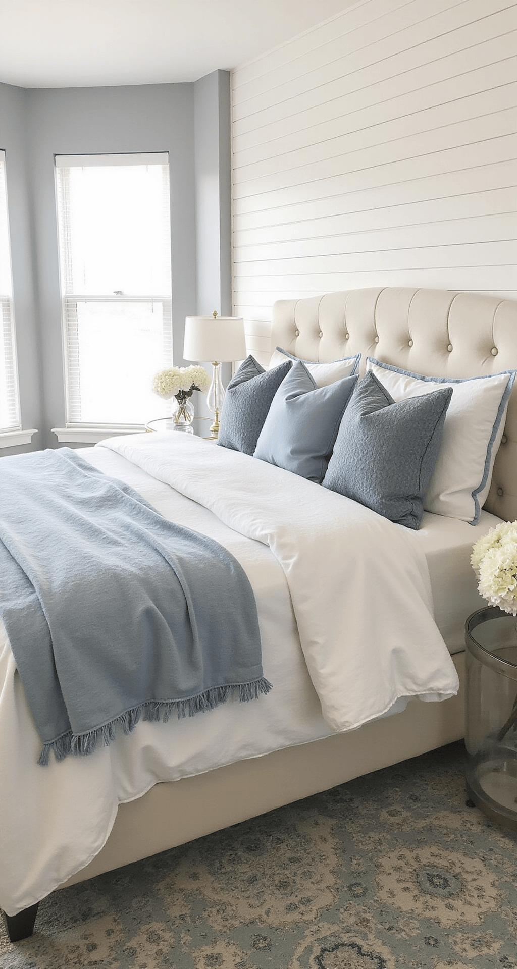 A tranquil corner bedroom featuring a cream linen queen bed with layered powder blue and white bedding, illuminated by soft mid-morning light filtering through bay windows. The vintage Persian rug in faded blues and creams complements the white shiplap accent wall and pale gray walls. Mercury glass table lamps add a gentle glow, while white hydrangeas in a clear vase bring a touch of elegance to the serene space. The image captures the room's textures from an elevated perspective.