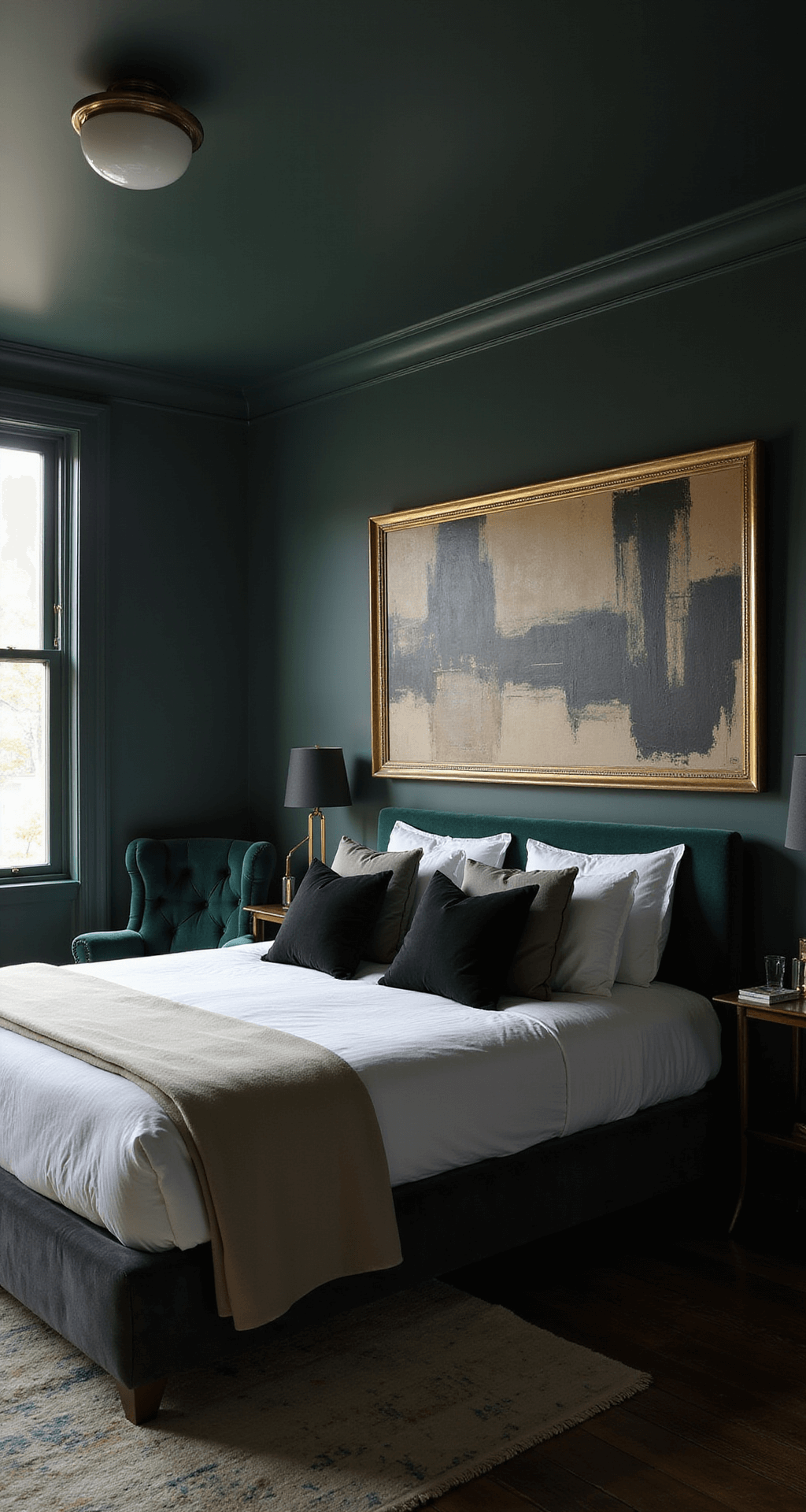 Dramatic bedroom featuring dark forest green walls, a king bed with charcoal velvet headboard, white linens, and black accent pillows, complemented by an emerald velvet accent chair and oversized abstract art in gold frames, all illuminated by dusk lighting and a brass floor lamp.