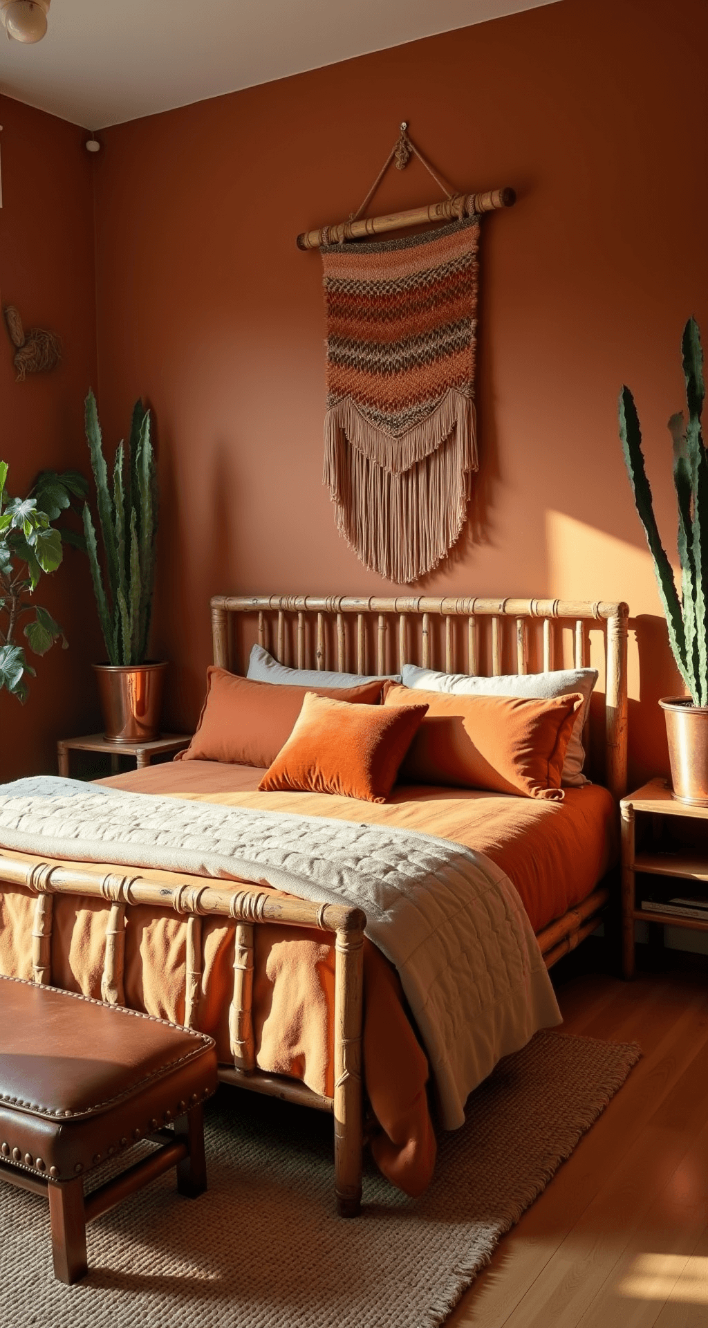 Warm, earthy bedroom featuring a terracotta accent wall, natural rattan bed frame with ochre linen duvet and rust-colored pillows, handwoven sunset-toned wall hanging, potted snake plants in copper planters, vintage leather bench, and jute rug layered over sisal, captured in soft late afternoon light from a corner angle.