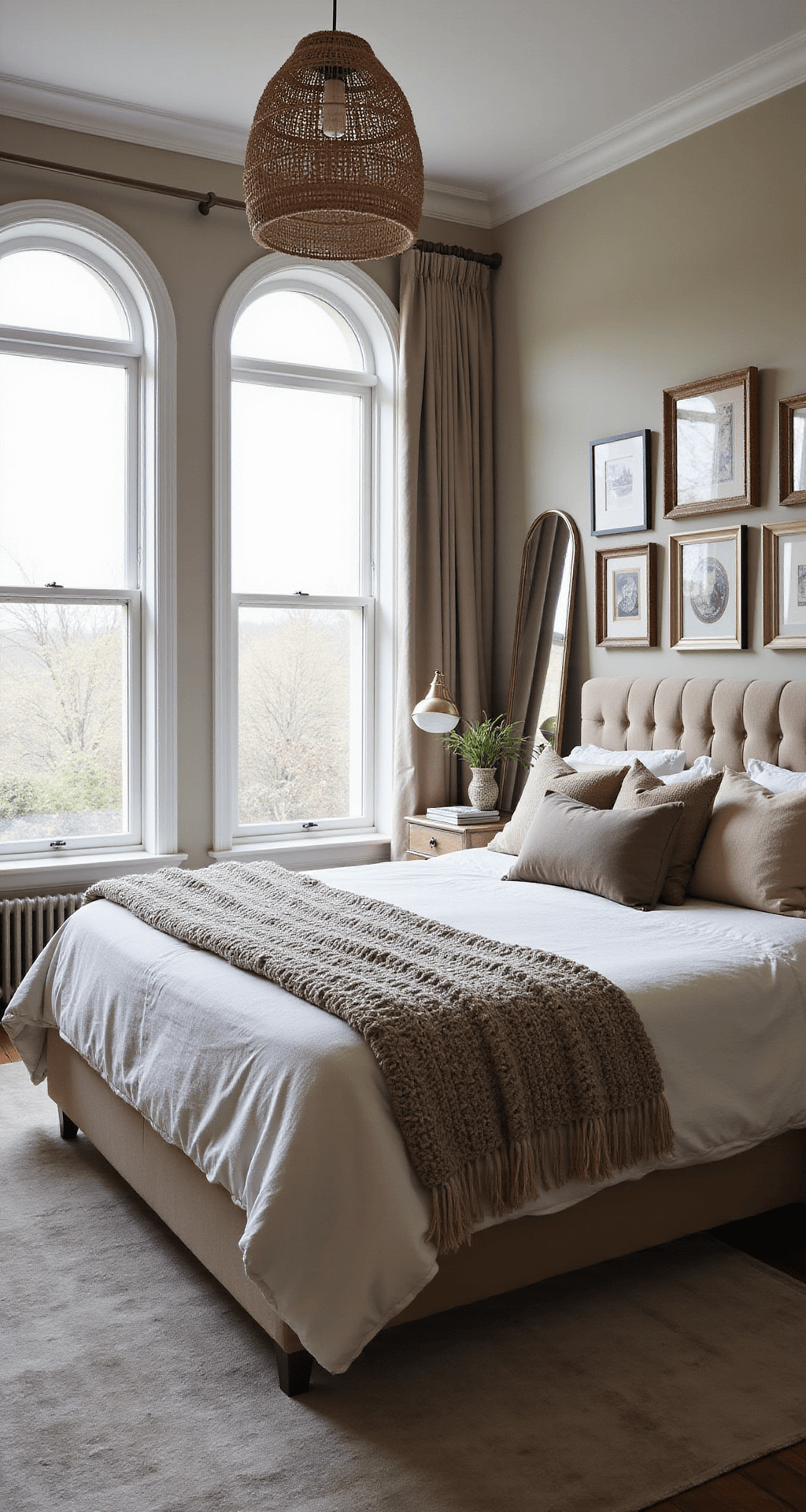 A cozy layered texture bedroom featuring a king bed with a velvet headboard, linen duvet, chunky knit throw, and varied silk pillows, illuminated by morning light through arched windows. The room includes a vintage overdyed rug, a brass floor mirror, and a woven pendant light, with a gallery wall showcasing mixed frame styles, all captured in detail with side lighting.