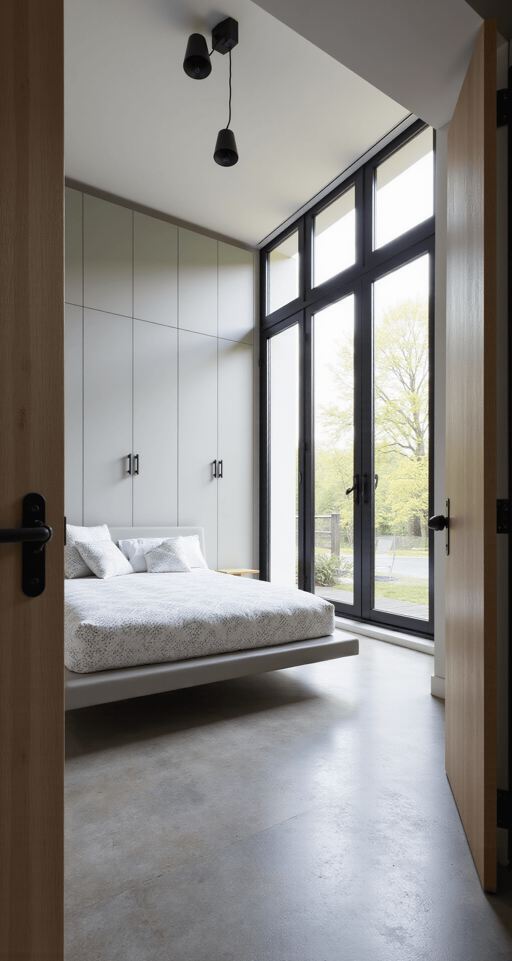 A serene modern minimalist bedroom featuring a low-profile light grey platform bed, bleached oak floating nightstands, and Pearl Grey walls. Morning light floods in through floor-to-ceiling windows, illuminating crisp white bedding with geometric patterns. Concrete-look porcelain flooring and black metal lighting fixtures enhance the uncluttered, architectural feel. Built-in closets with flat-panel doors blend into the walls.
