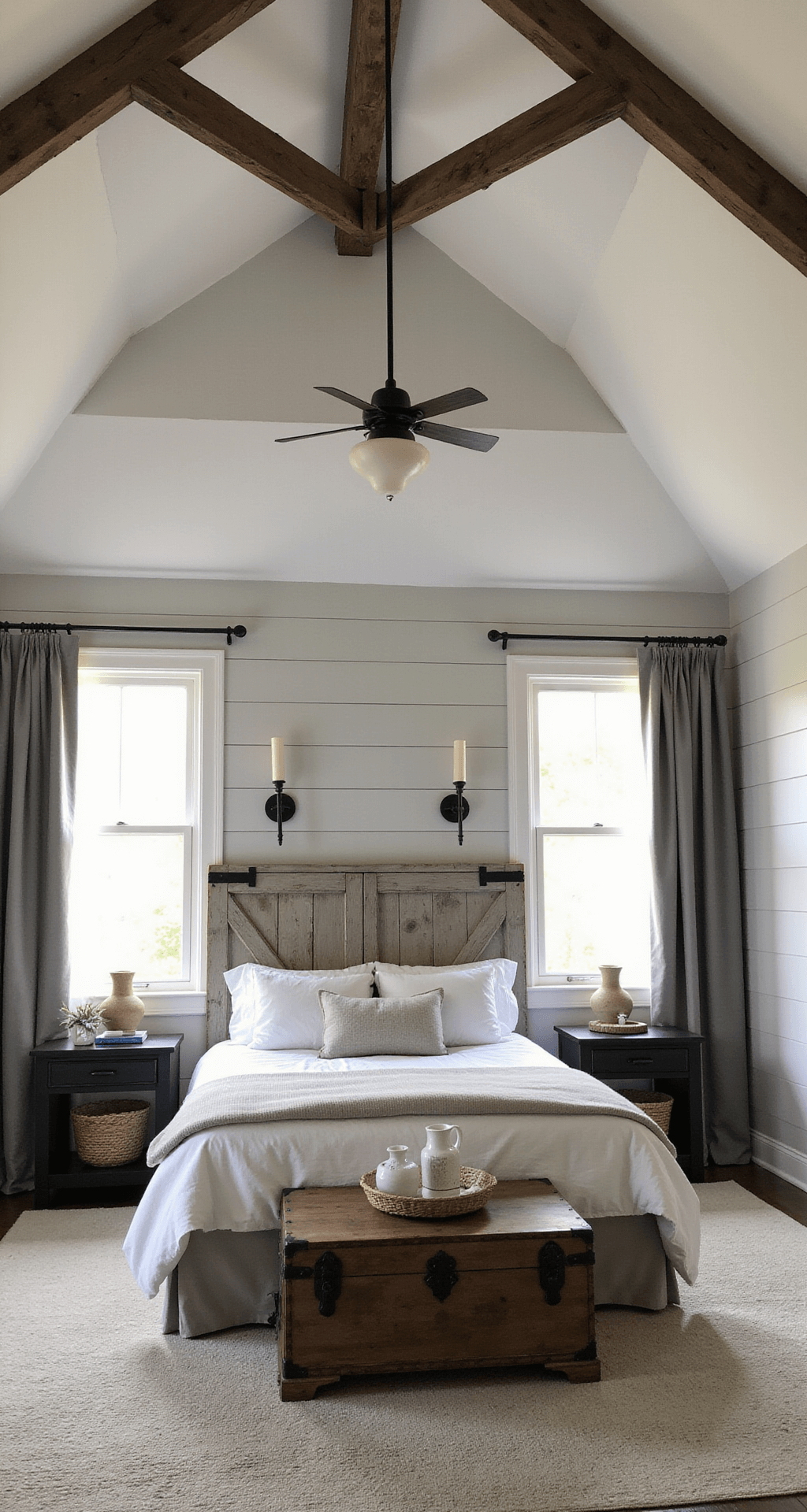 Cozy 15x15ft bedroom featuring vaulted ceiling with exposed wooden beams, weathered grey reclaimed barn door as headboard, dove grey linen curtains, vintage trunk, heathered grey wool rug, warm light from iron sconces on pale grey shiplap walls, and organic textures from woven baskets and ceramic vessels.