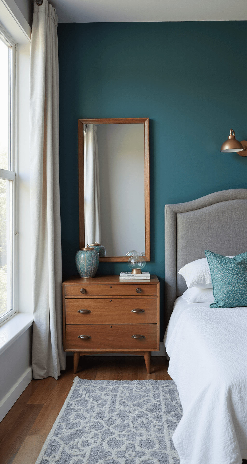 Contemporary bedroom featuring a deep teal statement wall, a grey upholstered queen bed, and a mid-century walnut dresser, illuminated by afternoon sunlight. A geometric area rug combines teal and grey patterns, while brass lighting fixtures and mirror frames add a touch of elegance. Textured white bedding with teal and grey accents completes the sophisticated look.