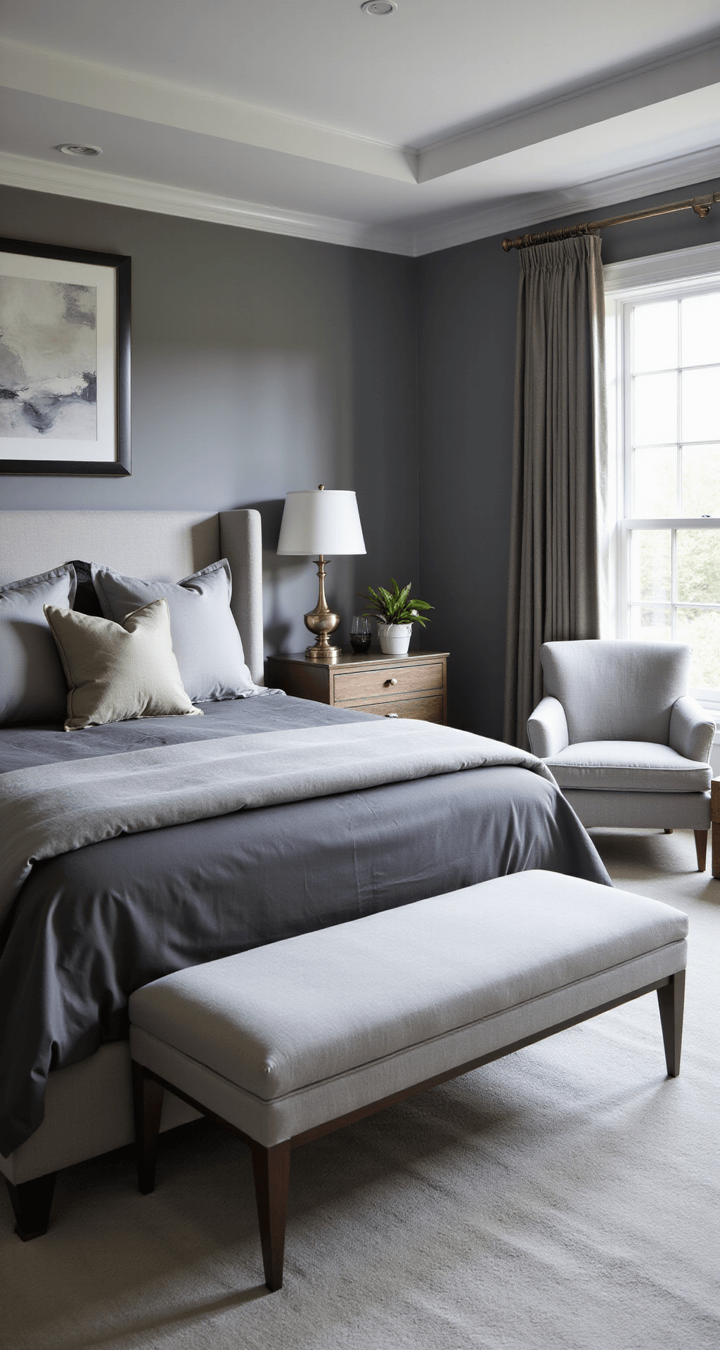Luxurious grey master suite featuring a king bed with layered grey linens, an upholstered silver grey velvet bench, and a reading nook with an oversized grey linen chair and brass floor lamp, illuminated by soft morning light.