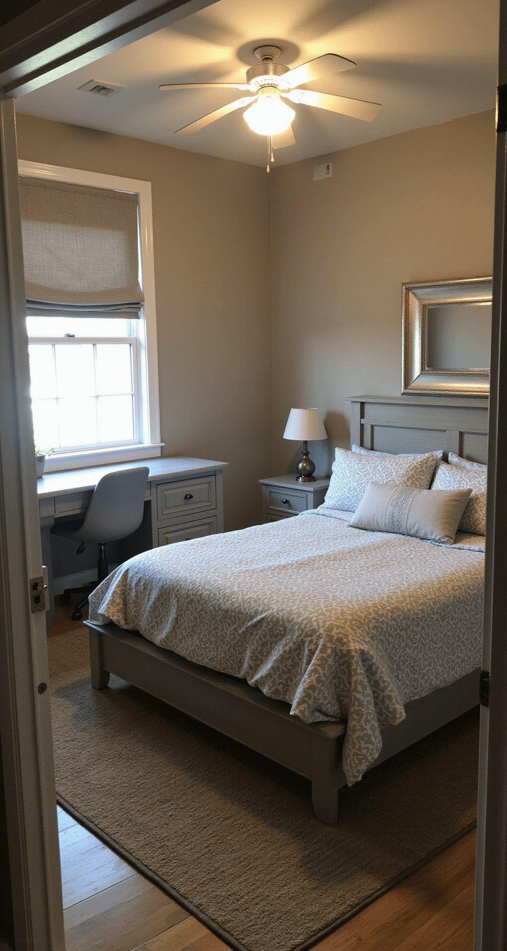 A cozy 12x14ft twilight room with warm greige walls, featuring a queen bed dressed in grey and white block print bedding, a functional grey-washed oak writing desk with a modern chair, a textured grey linen Roman shade, and a vintage silver mirror above a simple dresser, all illuminated by warm artificial lighting that enhances the inviting atmosphere.