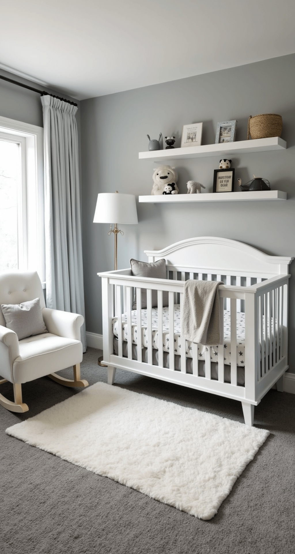A serene grey nursery in a 12x12ft corner room filled with morning light, featuring soft grey walls, a modern white crib with grey star-patterned bedding, a plush grey carpet, a white glider with grey cushions, floating shelves with grey and white books and toys, and a nightlight glow, creating a peaceful and nurturing atmosphere.