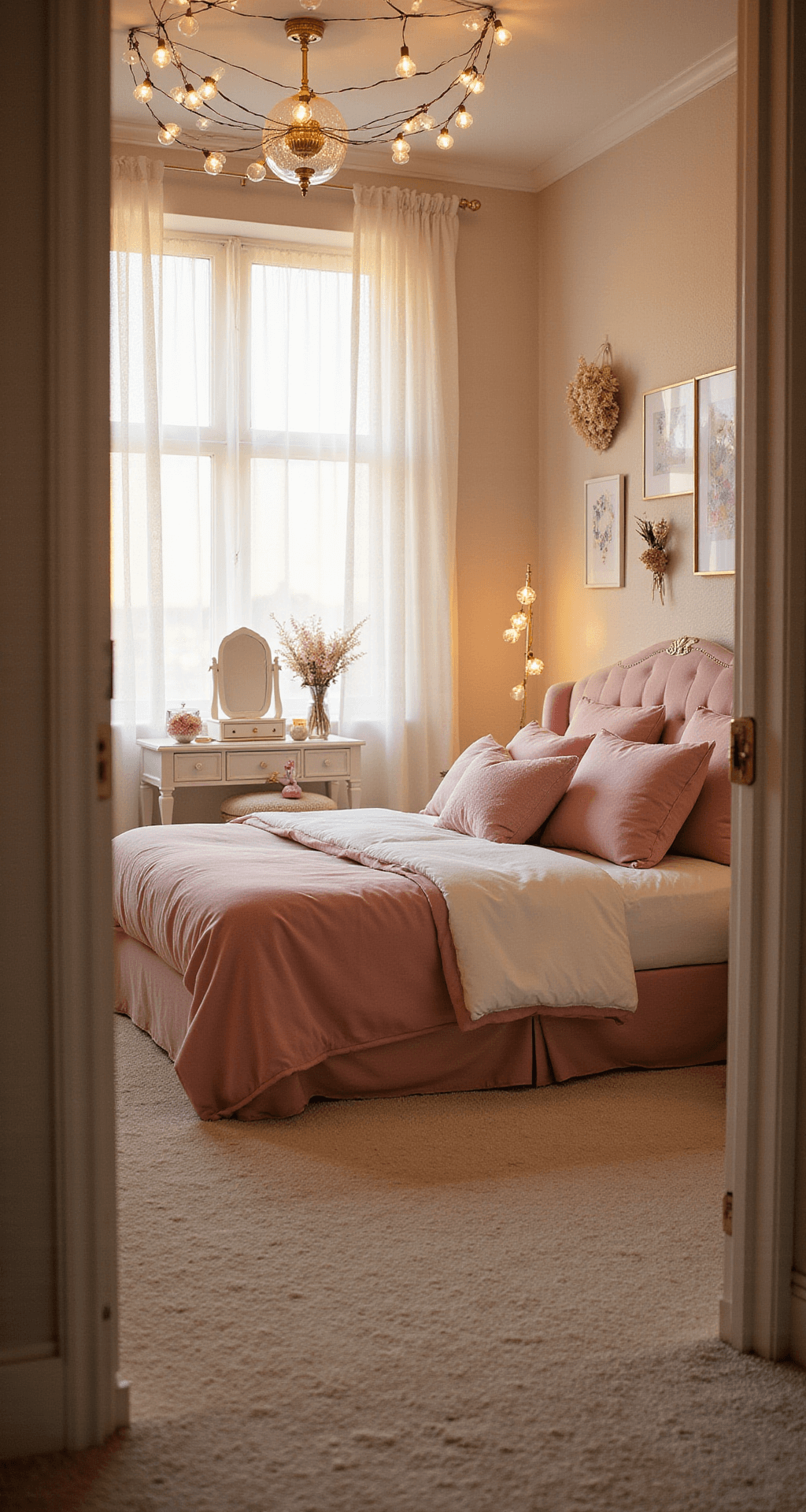 A cozy soft girl bedroom featuring a blush pink velvet bed with cloud-like white duvet and heart-shaped pillows, bathed in golden hour sunlight. Delicate fairy lights form a canopy above, with white furniture and gold accents, a vintage vanity, and textured pastel wall art complementing the space. A plush cream carpet and dried flower arrangements add warmth to the inviting atmosphere.
