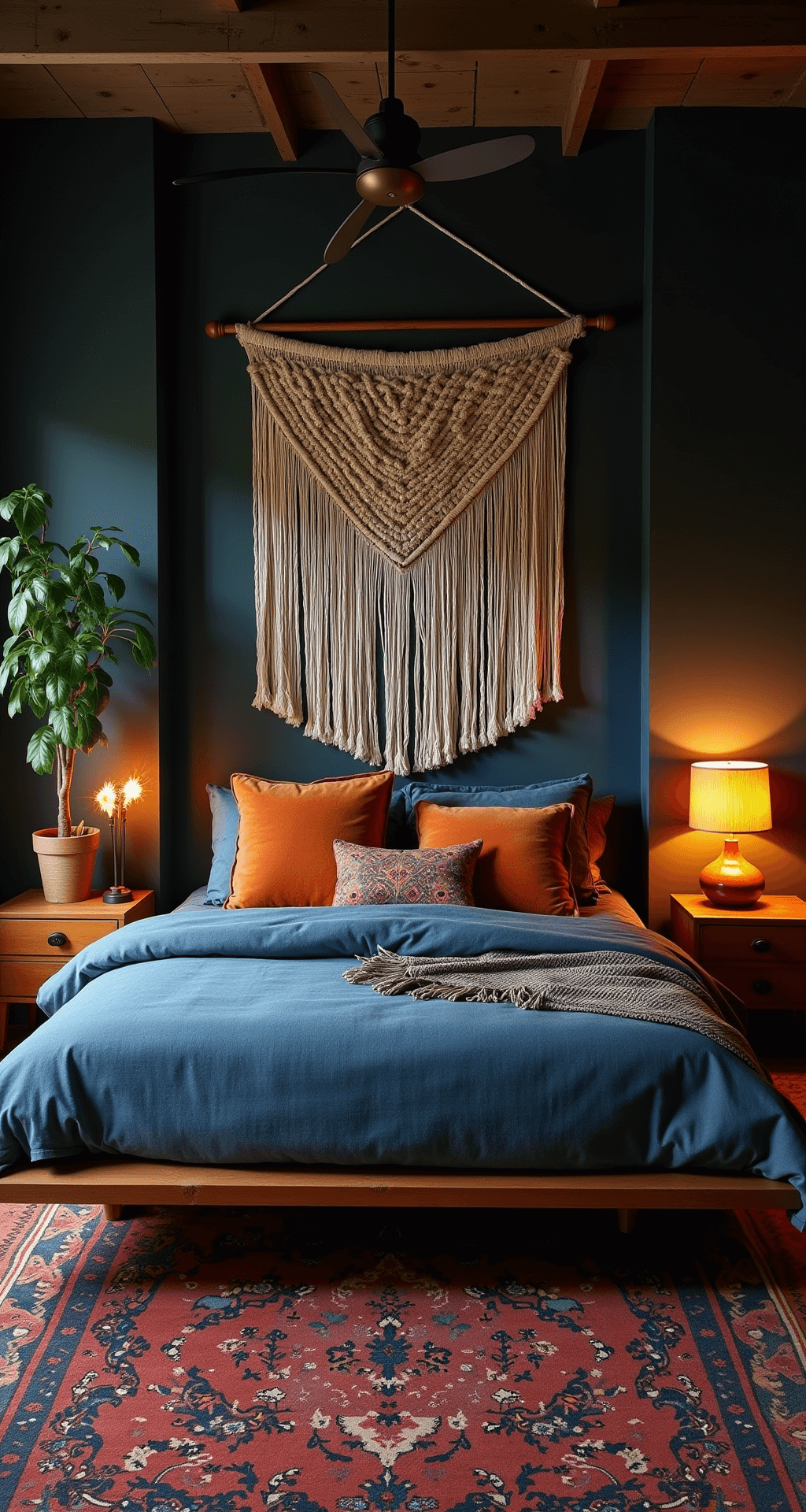 A moody boho bedroom at dusk with a low-profile platform bed dressed in vintage indigo mudcloth and burnt orange velvet pillows, featuring a massive macrame wall hanging on a dark feature wall, layered vintage Persian rugs in deep jewel tones, scattered floor cushions, and trailing plants, enhanced by rich wooden furniture and dramatic lighting from amber floor lamps.