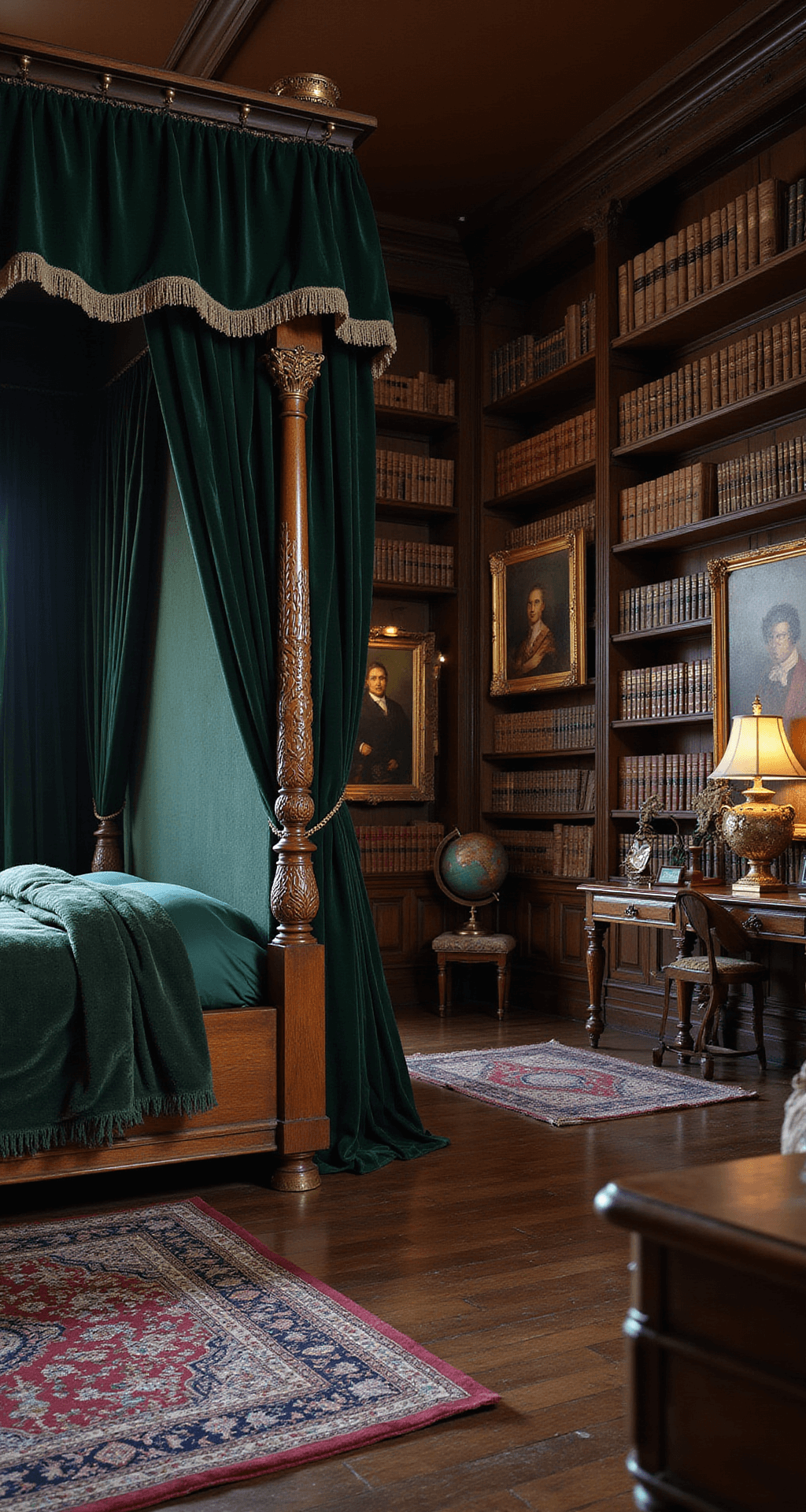 Interior of a dark academia study-bedroom, featuring a mahogany four-poster bed with deep green velvet curtains, surrounded by floor-to-ceiling bookshelves filled with leather-bound books and adorned with oil paintings in gilded frames. A brass desk lamp casts warm light on dark hardwood floors, accented by oriental rugs and an antique globe collection, all captured during blue hour from an elevated corner angle.