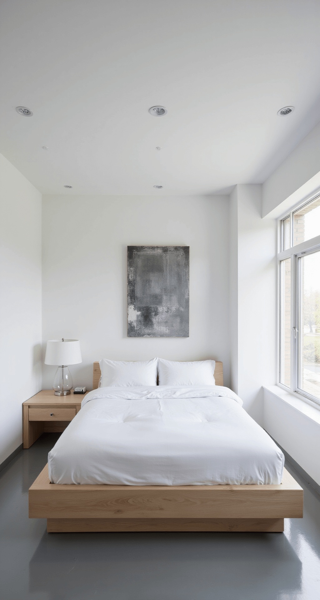A minimalist 12x12ft bedroom featuring a custom bleached oak platform bed with white linens, set against white walls. An oversized grayscale abstract canvas serves as a focal point, while built-in storage keeps the space clutter-free. Polished concrete floors reflect light from large windows.