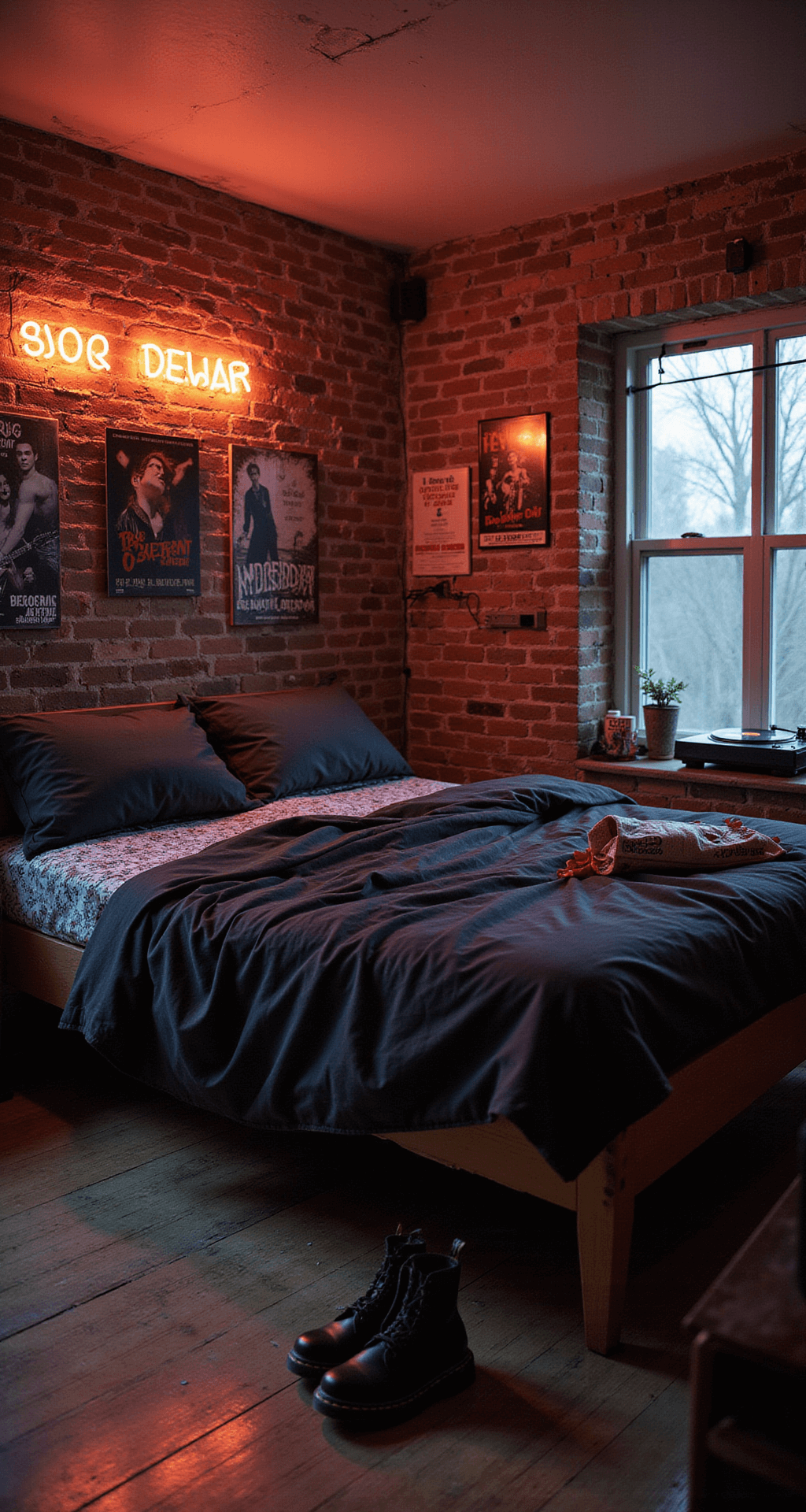 Indie grunge bedroom at twilight featuring an unmade bed with black cotton sheets and vintage quilts, an exposed brick wall adorned with concert posters, moody string lights and a neon sign, a record player setup, and scattered doc martens on distressed hardwood, captured in a Dutch angle with atmospheric blur.