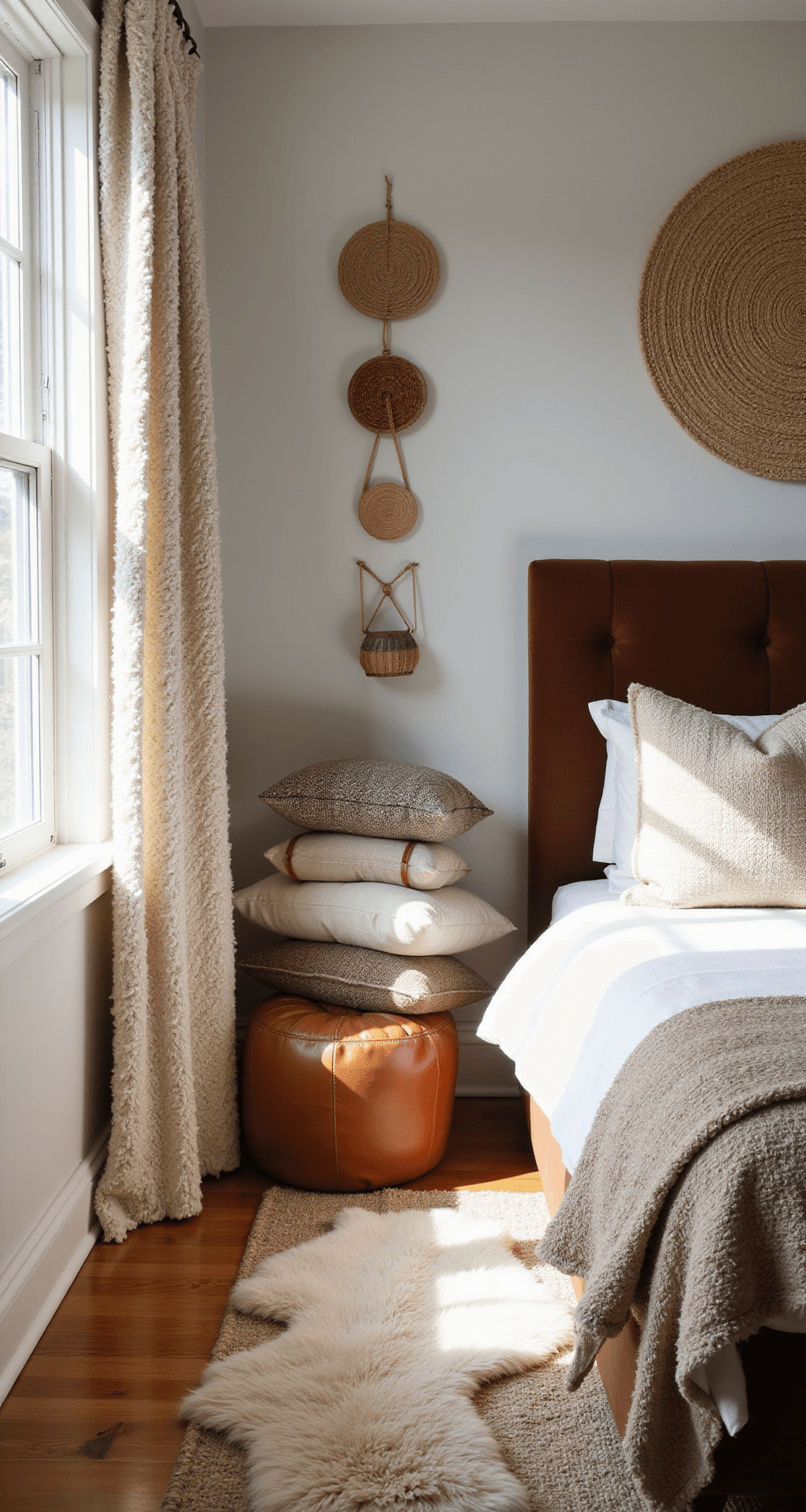 Corner view of a cozy 16x14ft bedroom featuring layered textures with morning light showcasing chunky knit throws, a leather pouf, woven wall hangings, and a velvet headboard, complemented by varied throw pillows in bouclé, linen, and faux fur, all set atop a jute rug underlaying a sheepskin accent.