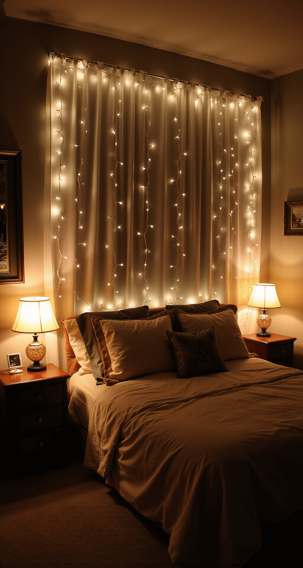 A cozy 14x14ft bedroom at night, illuminated by various light sources like paper lanterns, LED strips, vintage table lamps, and a fairy light curtain, creating a magical ambiance. The scene features metallics and mirrors enhancing the light play, with the camera positioned at bed level to capture a twinkling effect, shot at f/2.8.